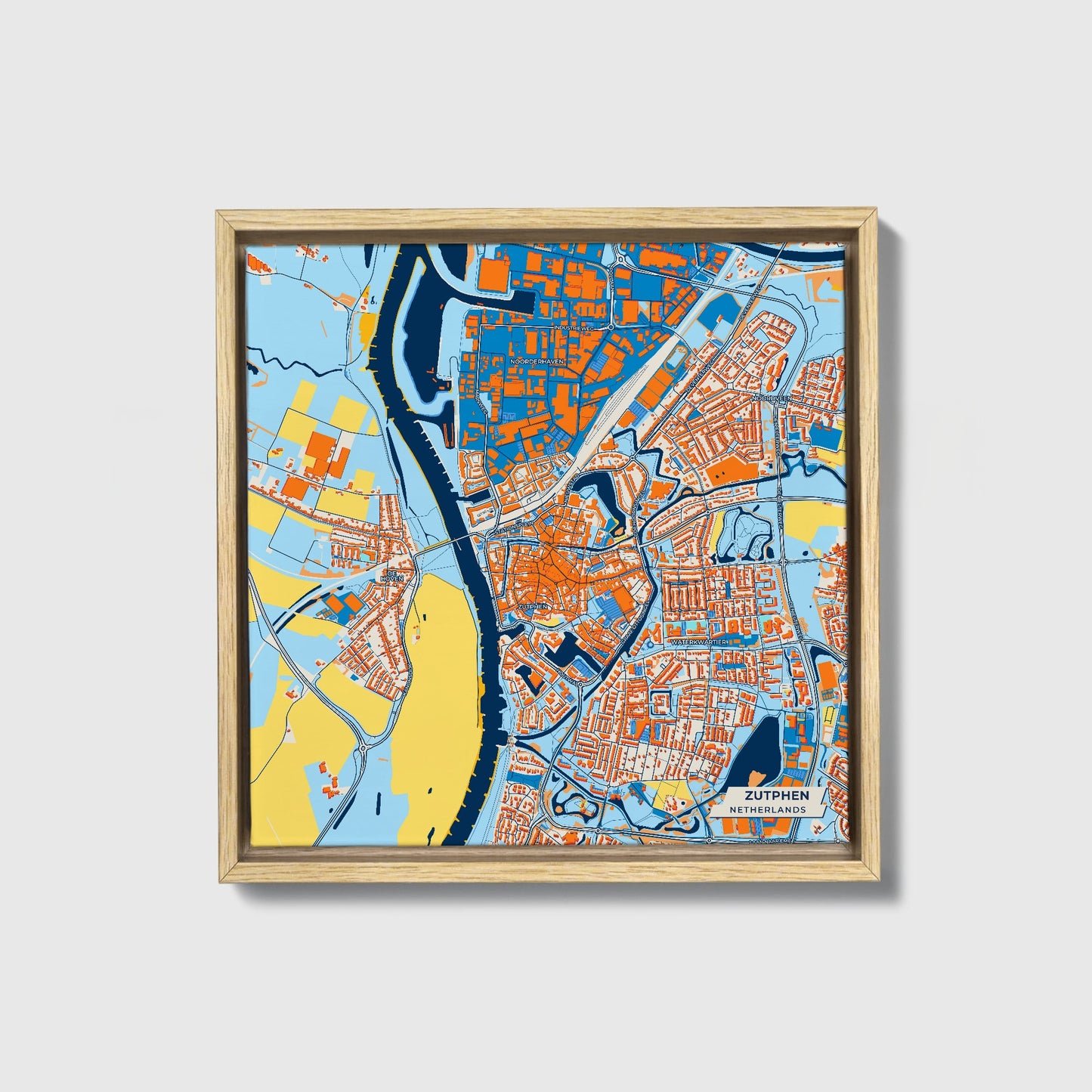 Zutphen Netherlands Colorful City Map Canvas Print • Natural Wooden Framed