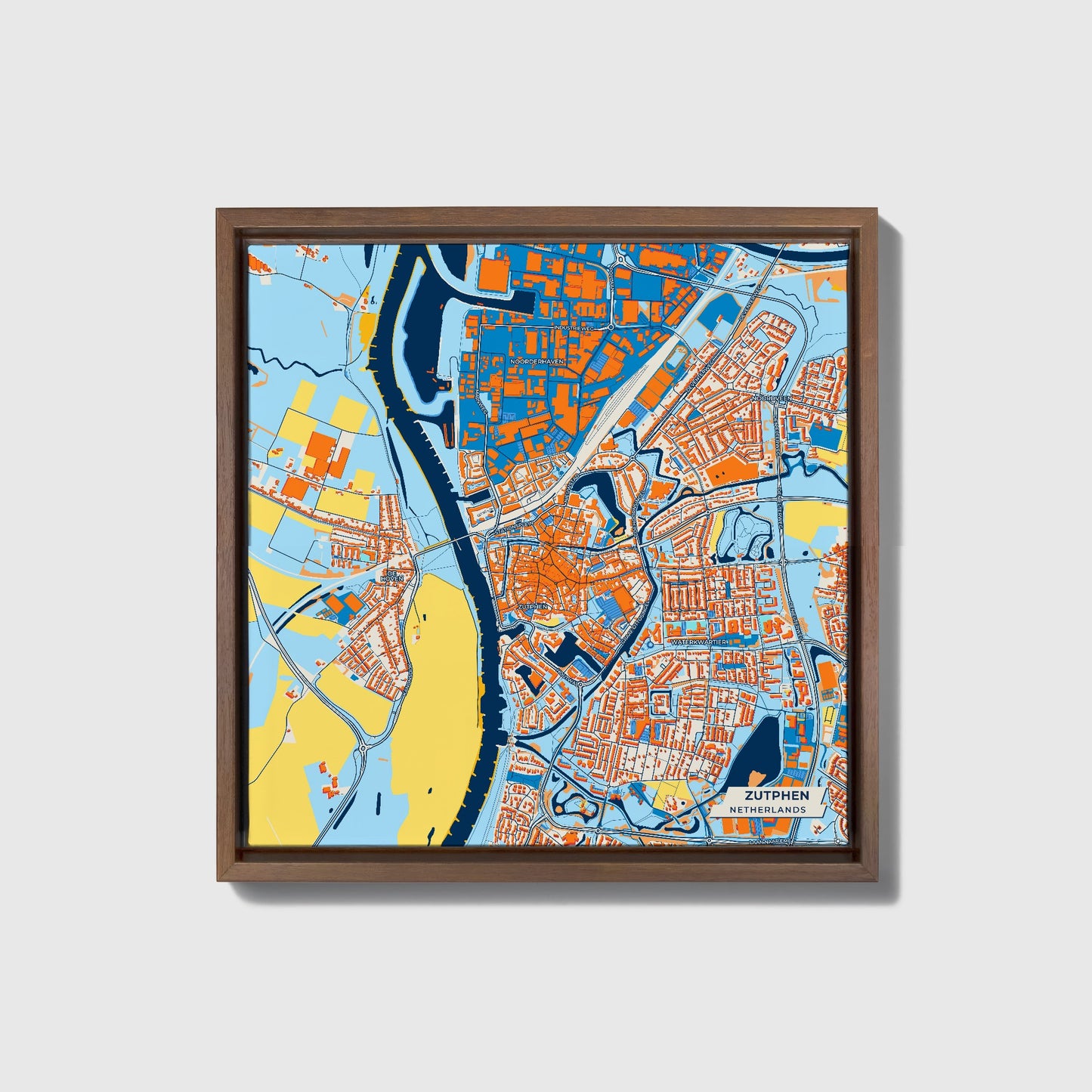 Zutphen Netherlands Colorful City Map Canvas Print • Dark Wooden Framed