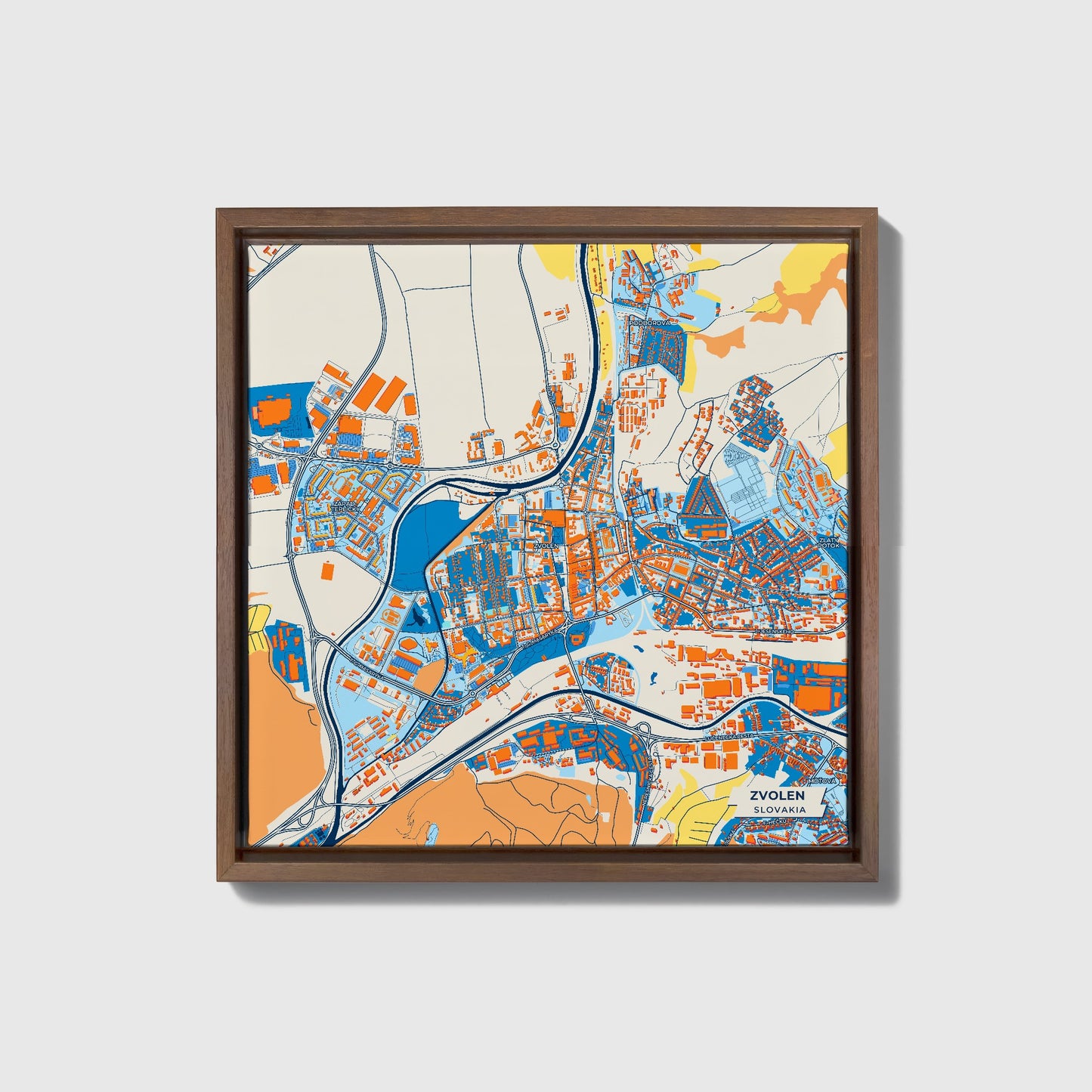 Zvolen Slovakia Colorful City Map Canvas Print • Dark Wooden Framed