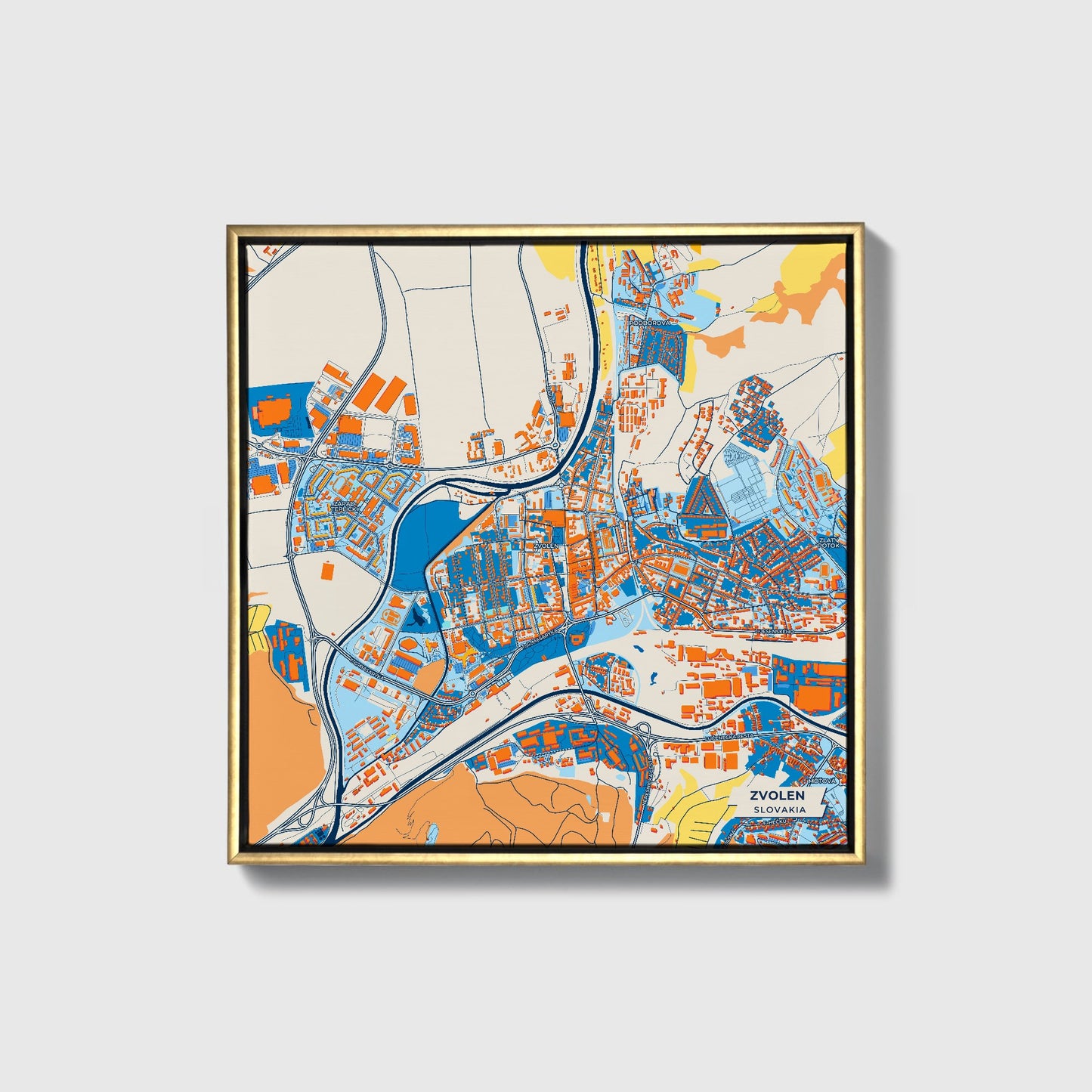 Zvolen Slovakia Colorful City Map Canvas Print • Gold Framed