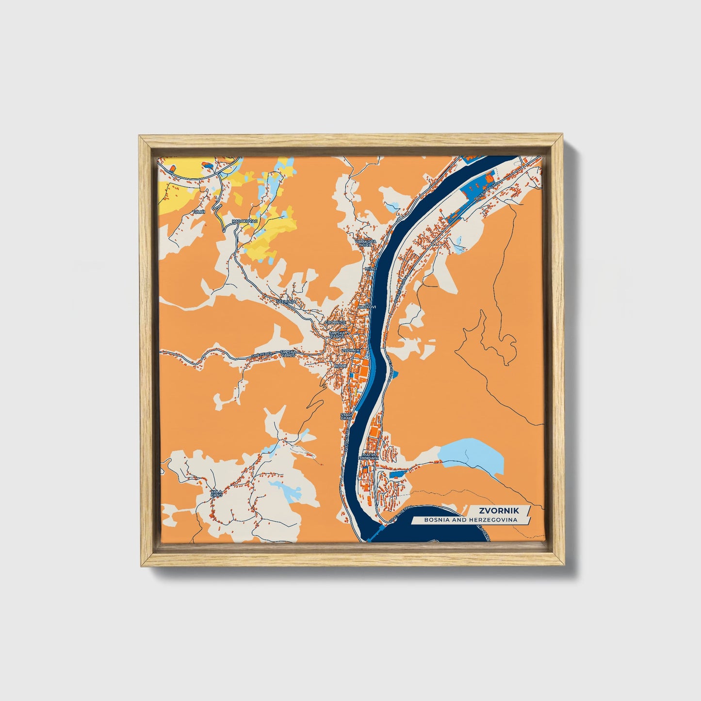 Zvornik Bosnia And Herzegovina Colorful City Map Canvas Print • Natural Wooden Framed