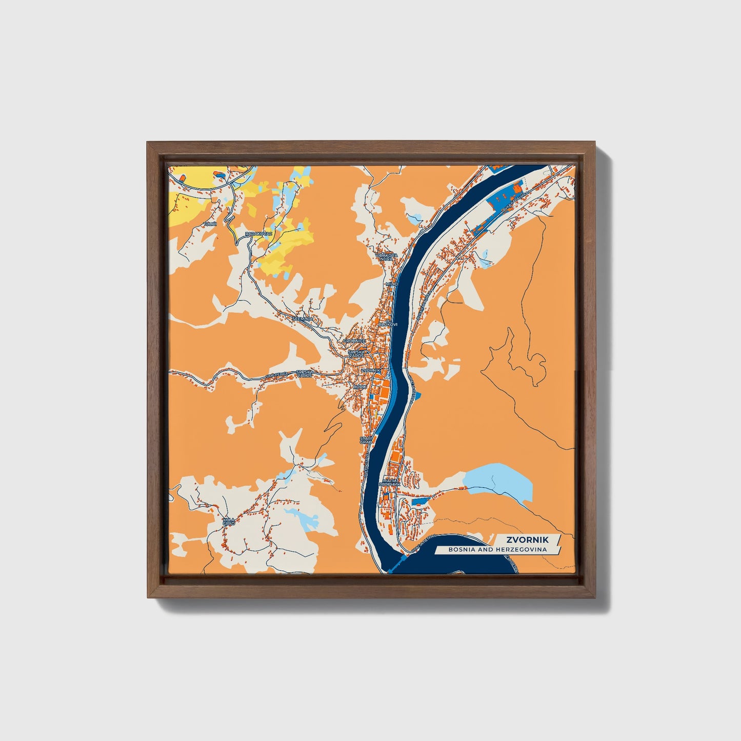Zvornik Bosnia And Herzegovina Colorful City Map Canvas Print • Dark Wooden Framed
