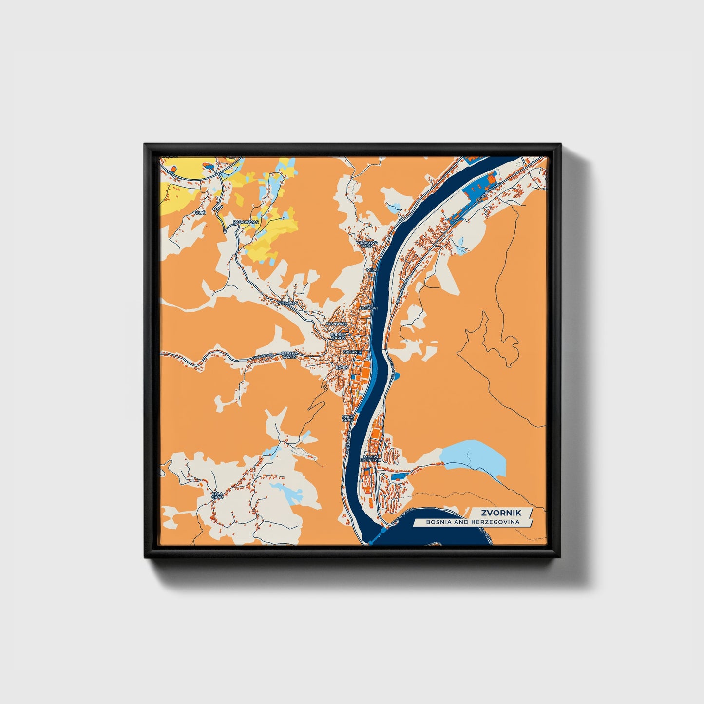 Zvornik Bosnia And Herzegovina Colorful City Map Canvas Print • Black Framed