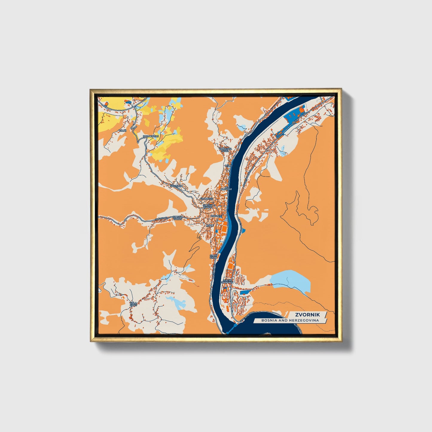 Zvornik Bosnia And Herzegovina Colorful City Map Canvas Print • Gold Framed