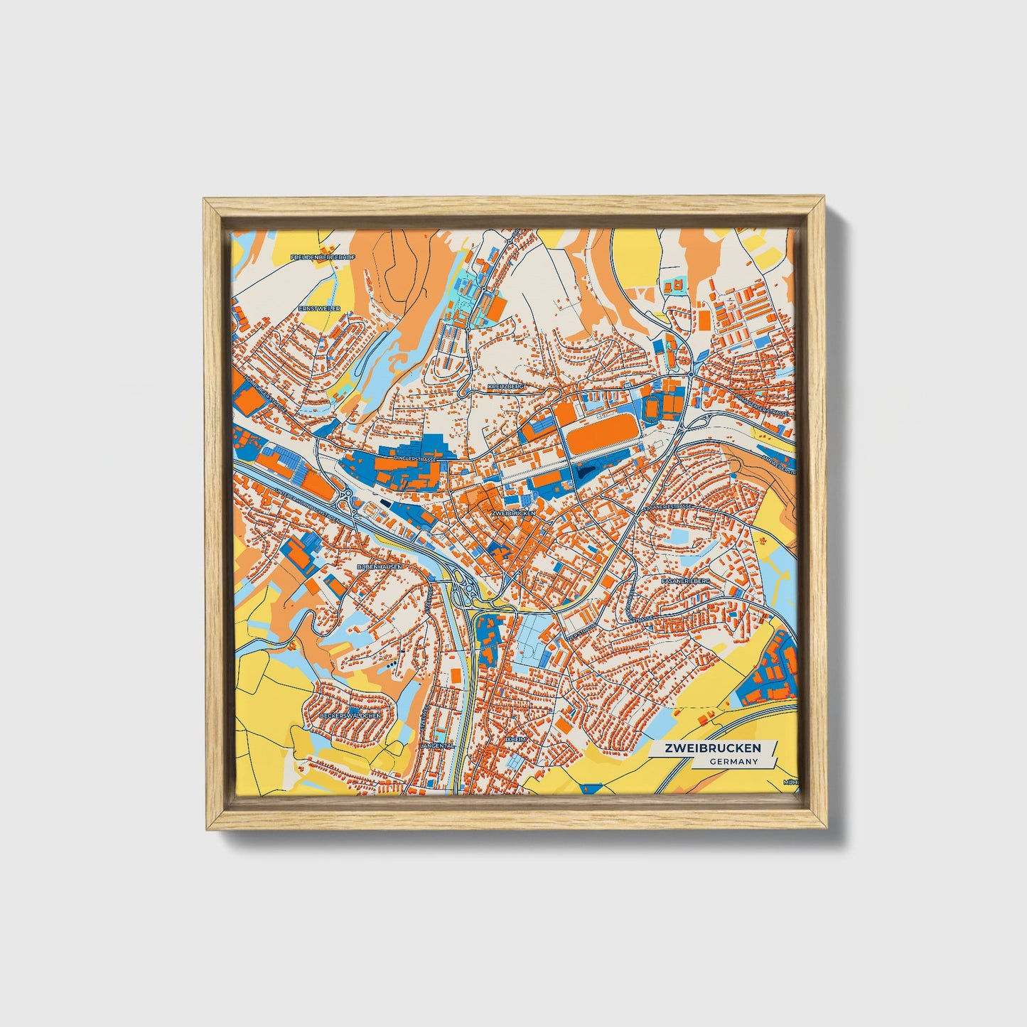 Zweibrücken Germany Colorful City Map Canvas Print • Natural Wooden Framed