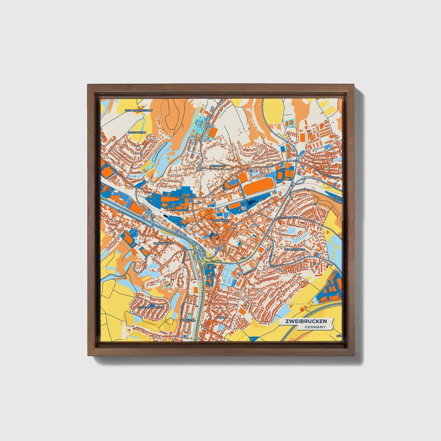 Zweibrücken Germany Colorful City Map Canvas Print • Dark Wooden Framed