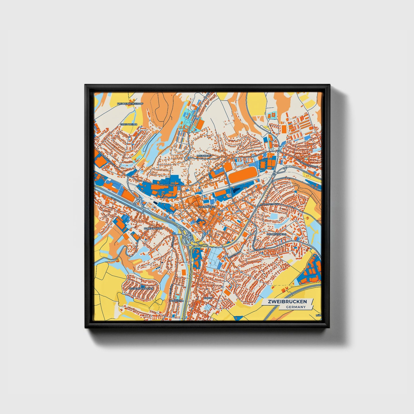 Zweibrücken Germany Colorful City Map Canvas Print • Black Framed