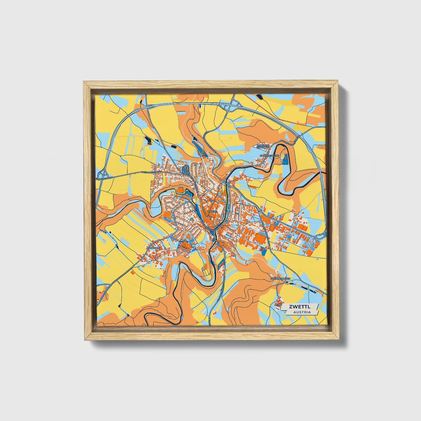 Zwettl Austria Colorful City Map Canvas Print • Natural Wooden Framed