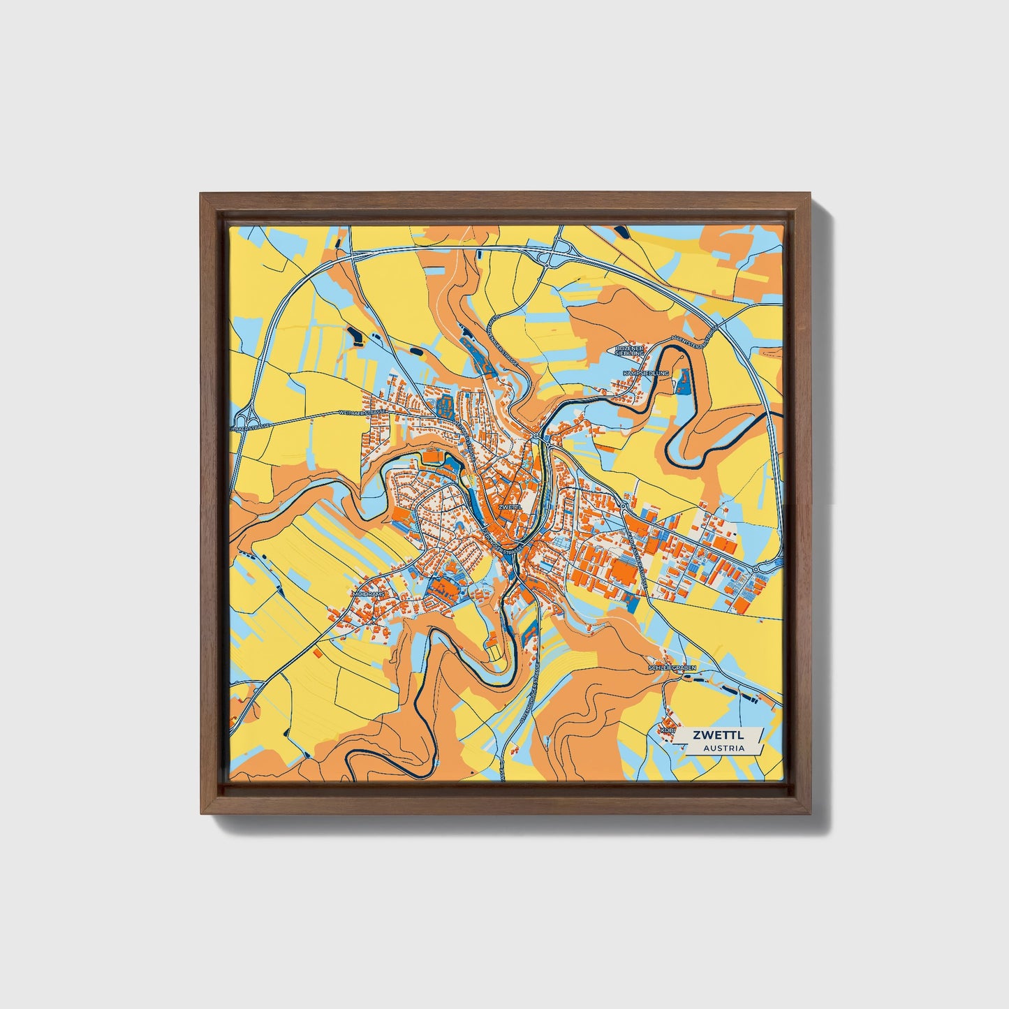 Zwettl Austria Colorful City Map Canvas Print • Dark Wooden Framed