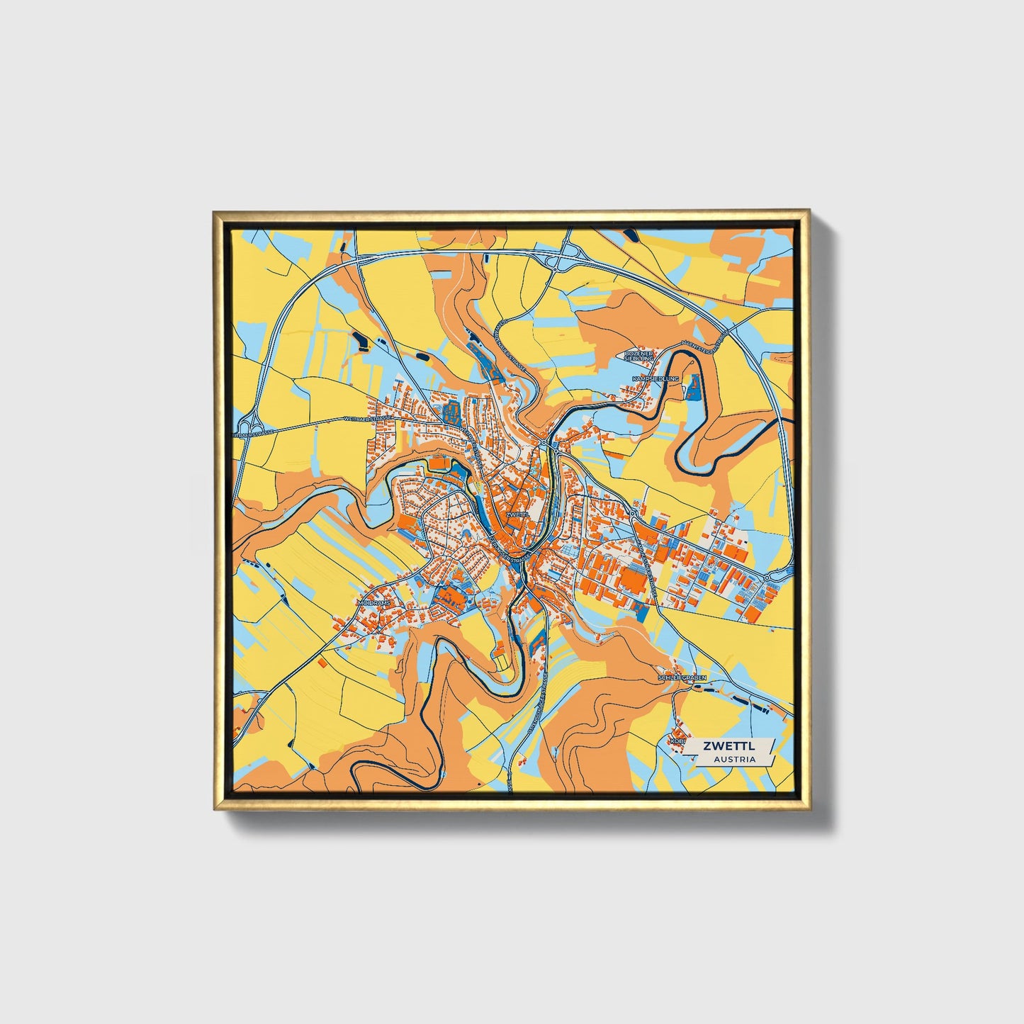 Zwettl Austria Colorful City Map Canvas Print • Gold Framed