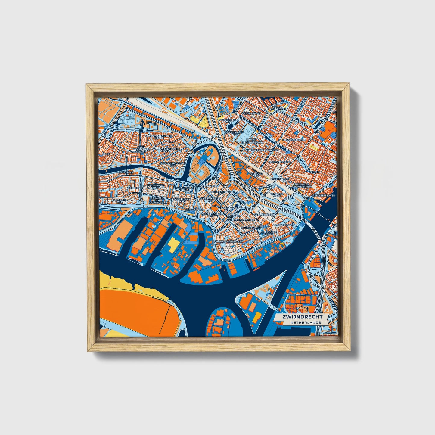 Zwijndrecht Netherlands Colorful City Map Canvas Print • Natural Wooden Framed