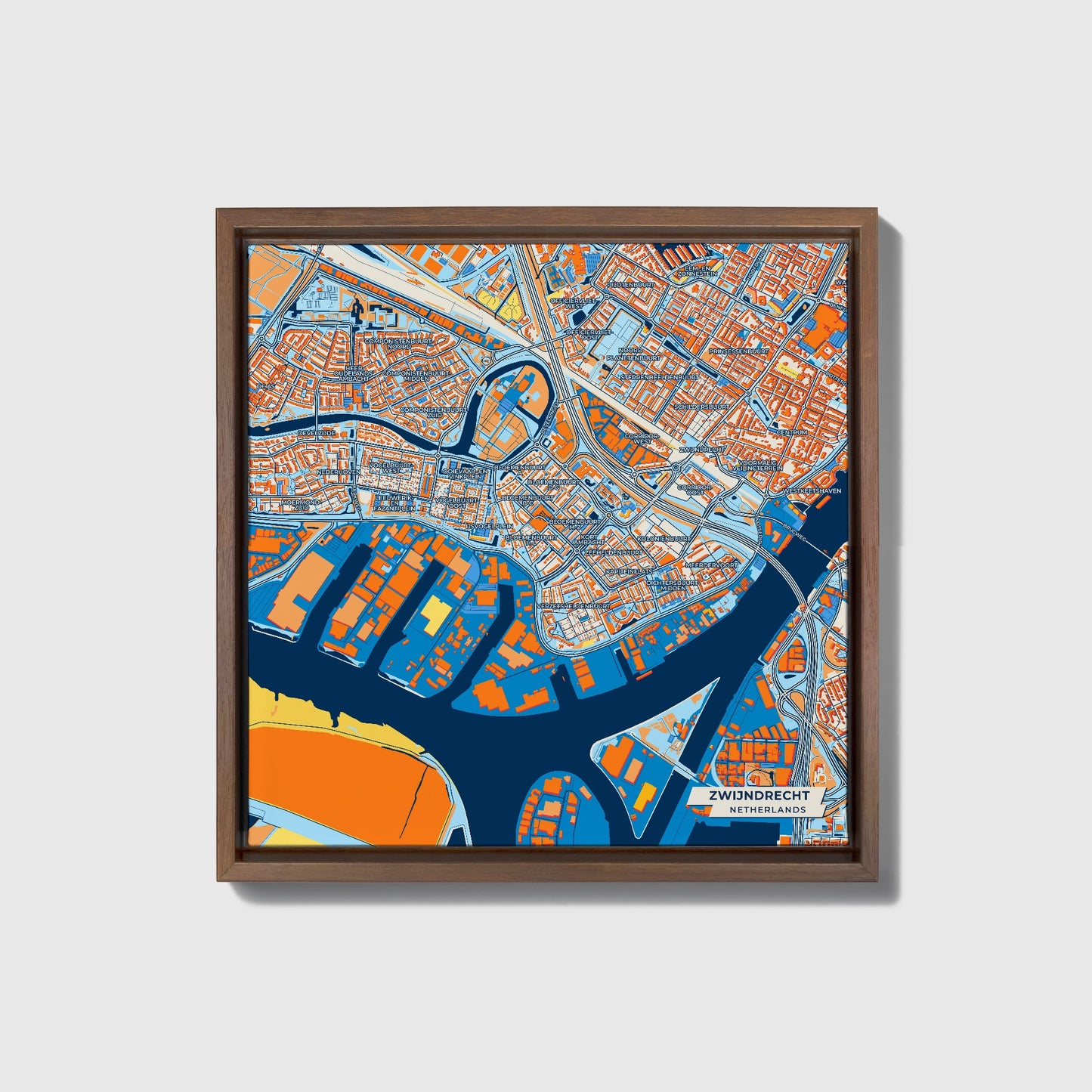 Zwijndrecht Netherlands Colorful City Map Canvas Print • Dark Wooden Framed