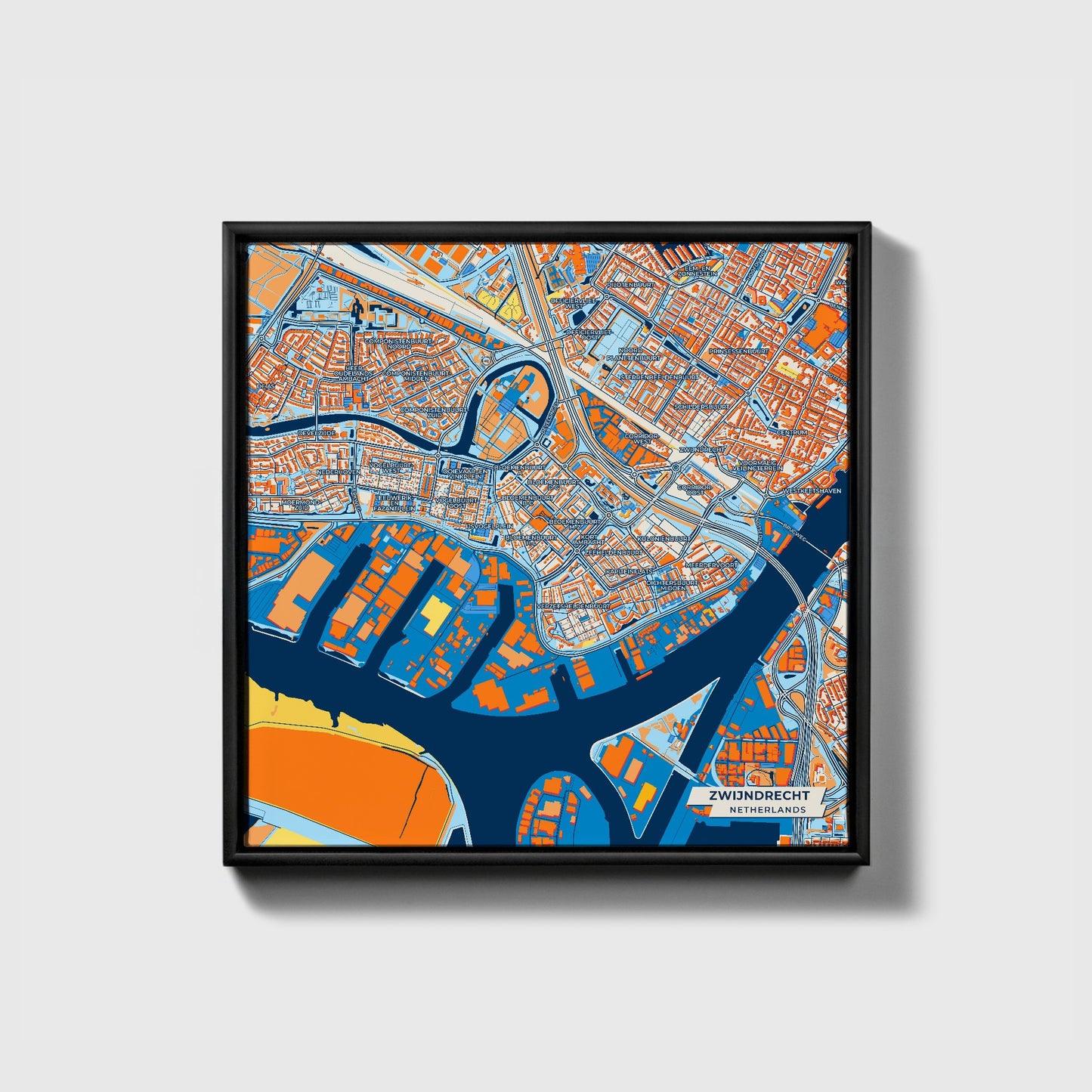 Zwijndrecht Netherlands Colorful City Map Canvas Print • Black Framed
