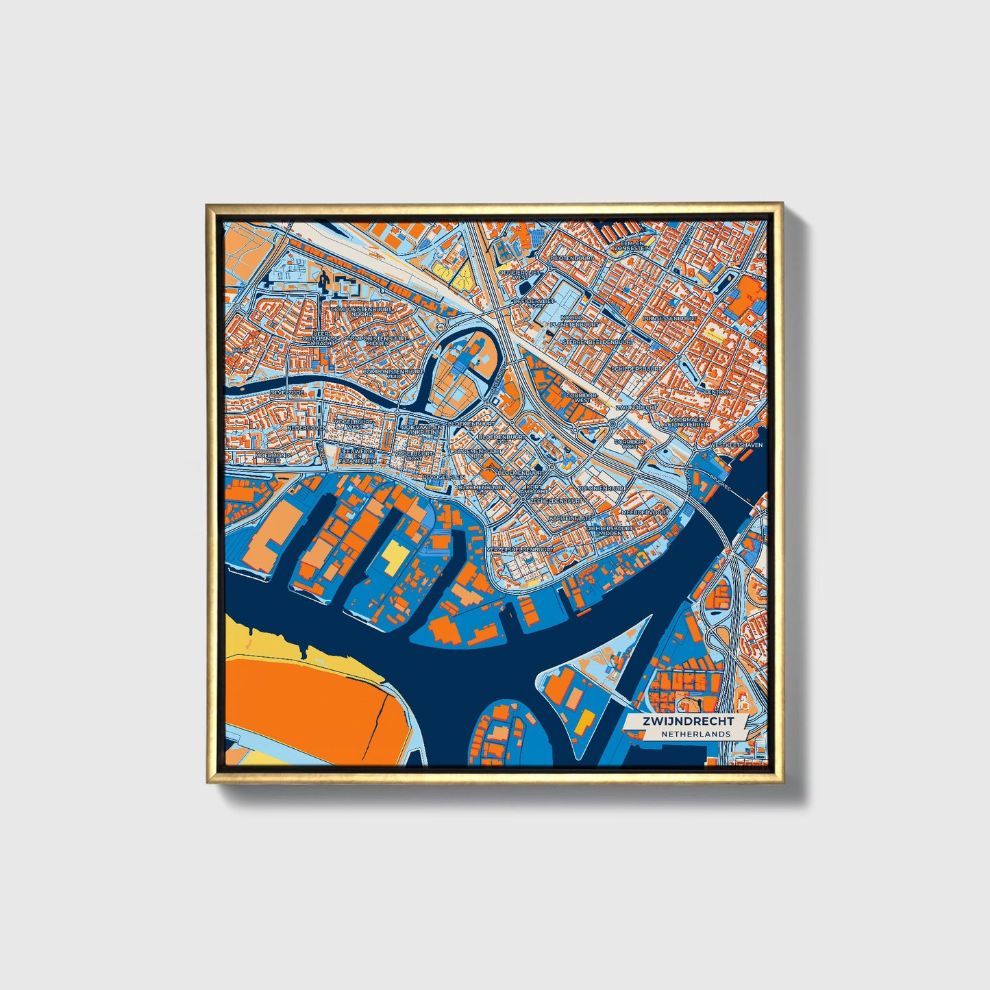 Zwijndrecht Netherlands Colorful City Map Canvas Print • Gold Framed
