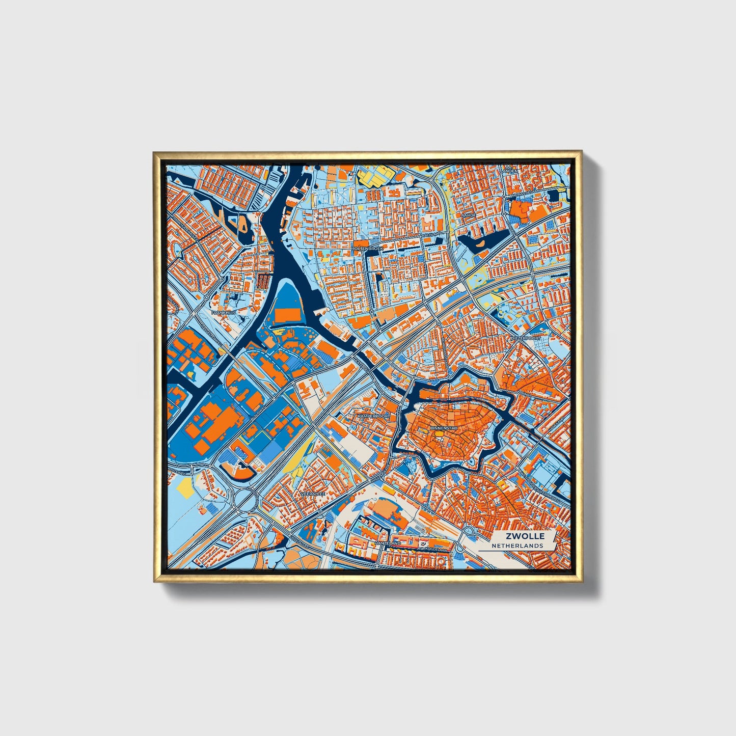Zwolle Netherlands Colorful City Map Canvas Print • Gold Framed