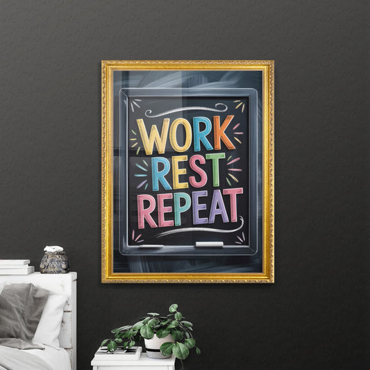 Colorful Chalkboard Message: Embrace the Cycle of Work, Rest, and Repeat for Daily Motivation and Inspiration.