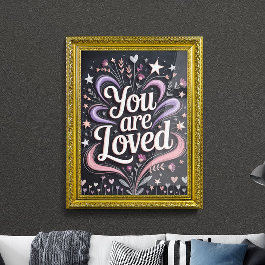 Colorful Hand-lettered 'You Are Loved' Typography Surrounded by Whimsical Flowers and Stars on a Dark Background.