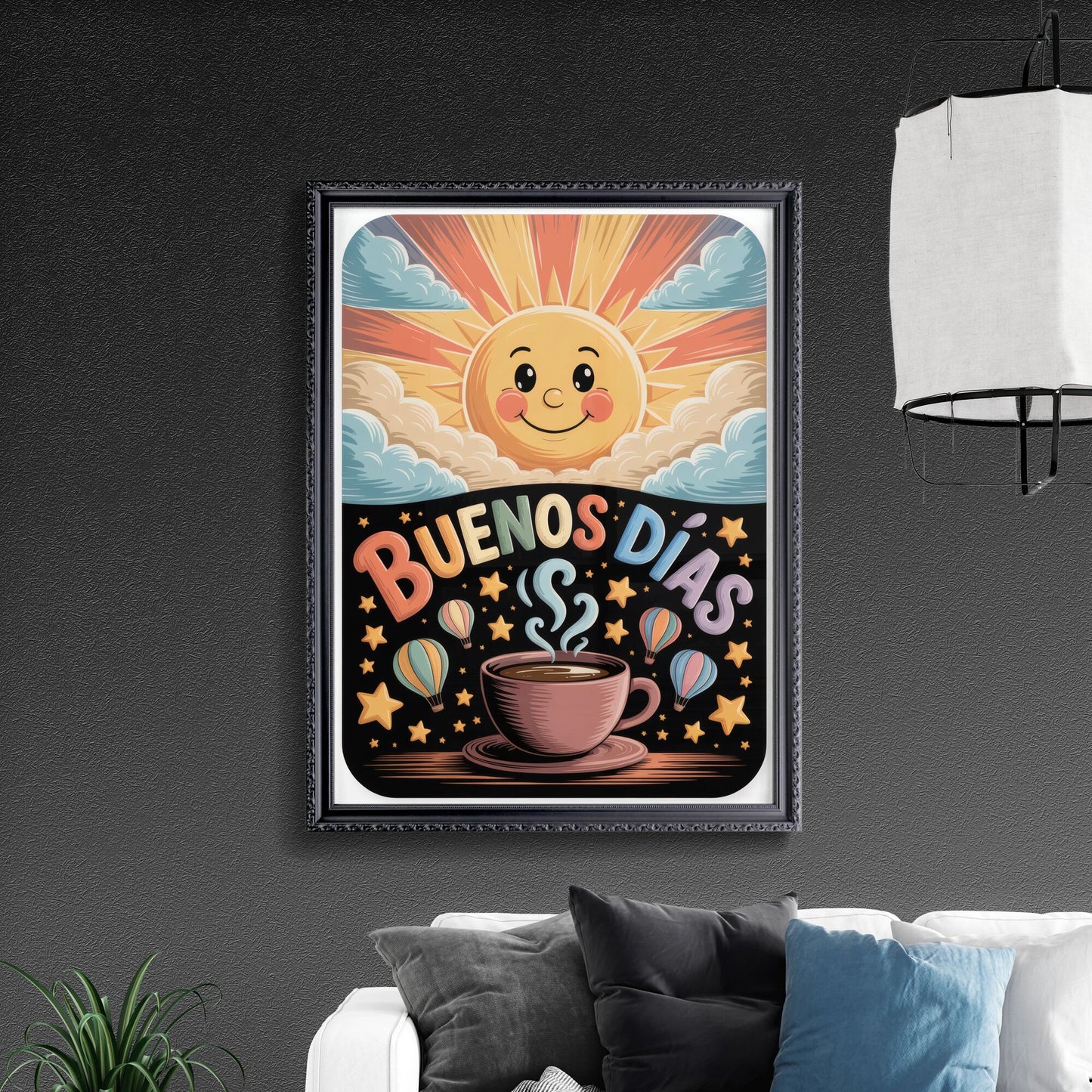Colorful Morning Illustration Featuring a Cheerful Sun, Coffee Cup, and 'Buenos Días' Text with Hot Air Balloons.