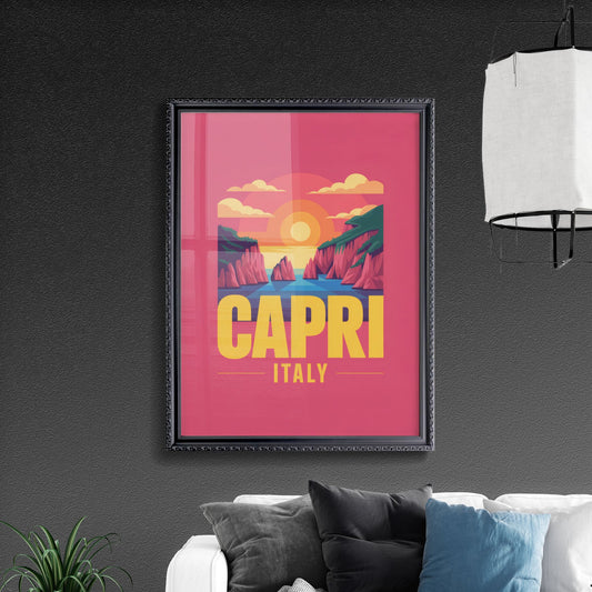 Colorful Retro Travel Poster of Capri, Italy Featuring Scenic Sunset and Coastal Landscape
