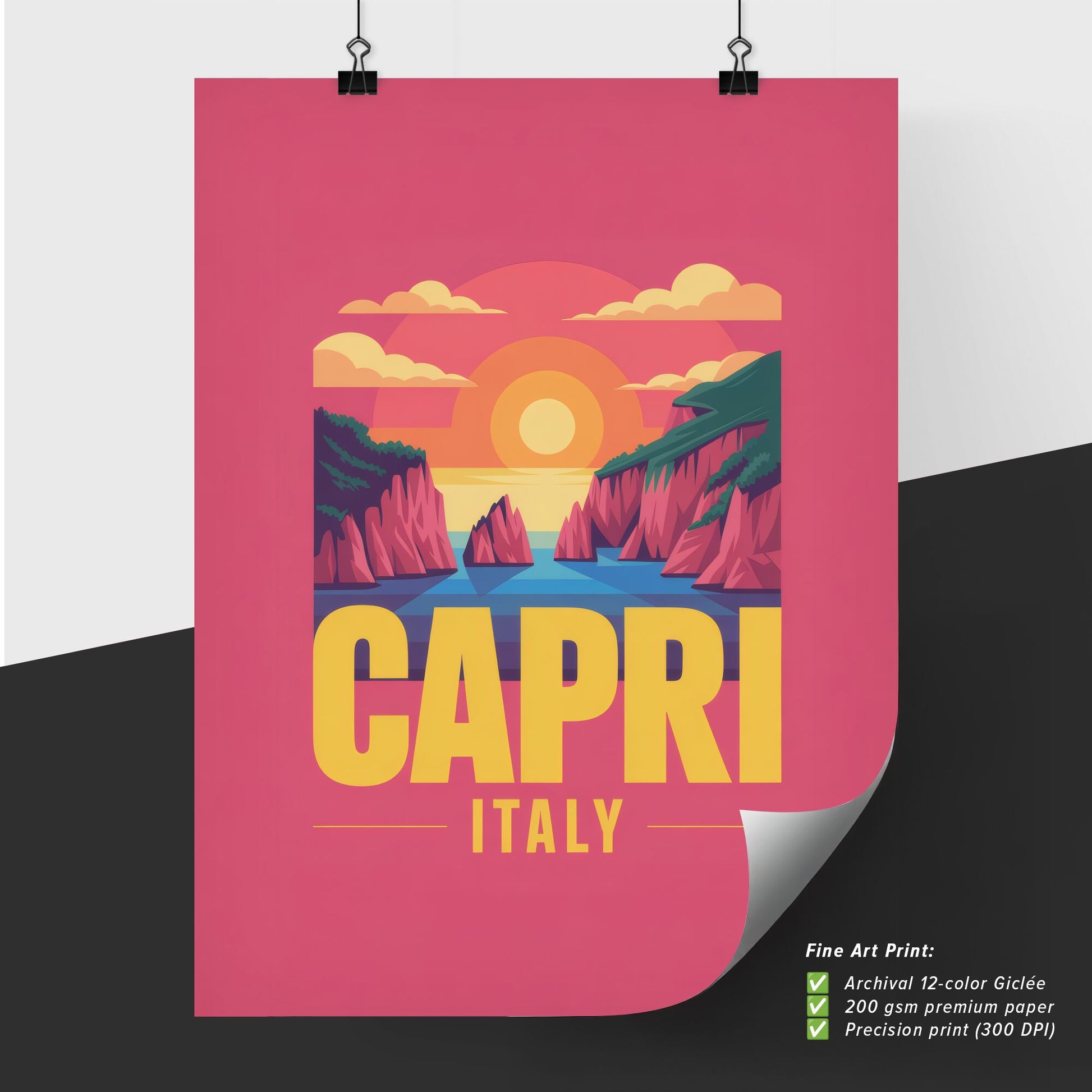 Colorful Retro Travel Poster of Capri, Italy Featuring Scenic Sunset and Coastal Landscape