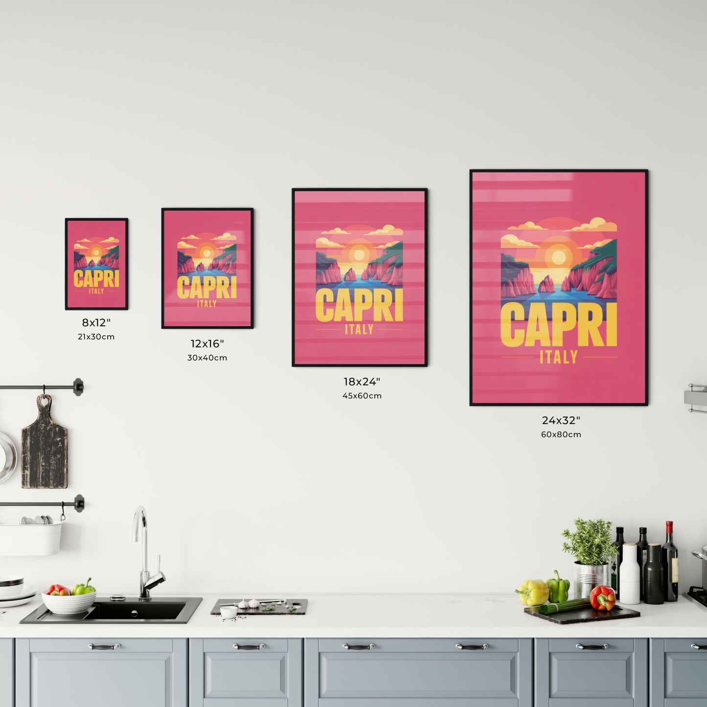 Colorful Retro Travel Poster of Capri, Italy Featuring Scenic Sunset and Coastal Landscape Chart
