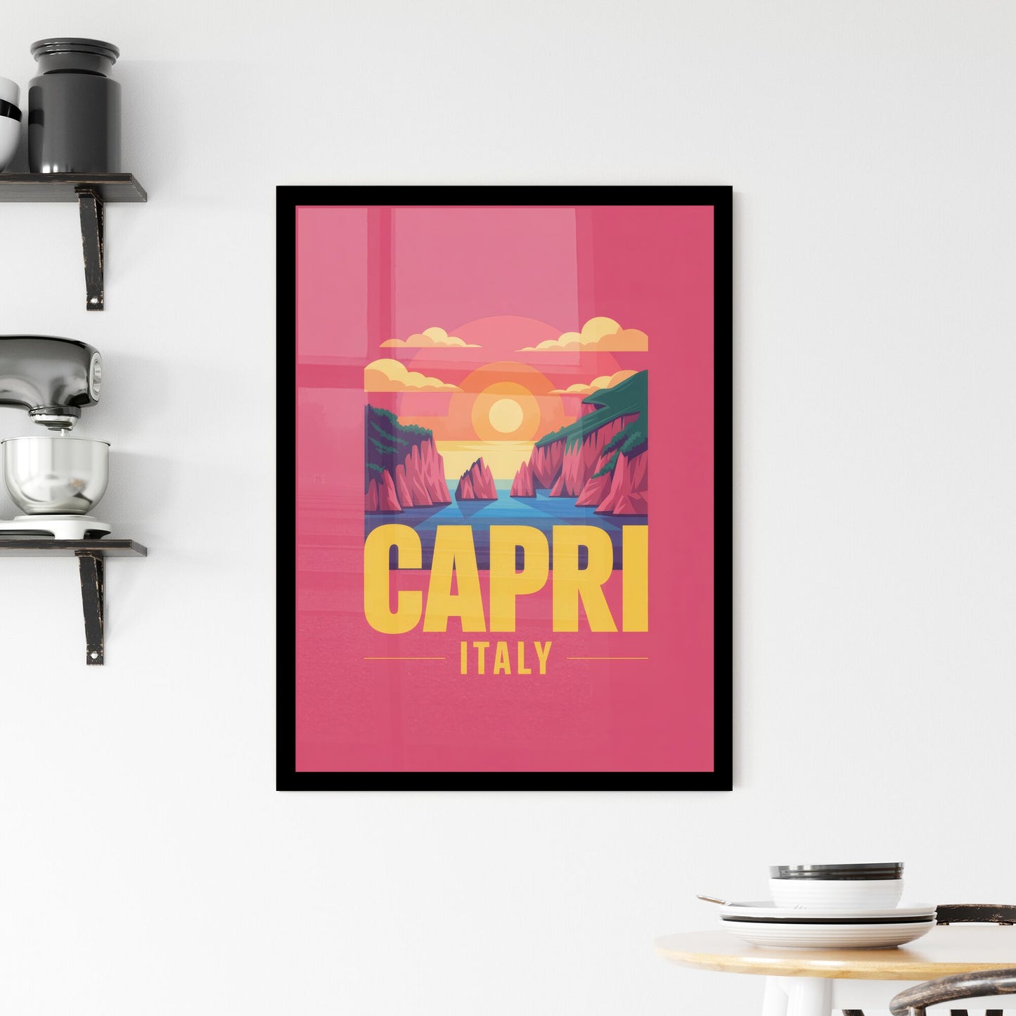 Colorful Retro Travel Poster of Capri, Italy Featuring Scenic Sunset and Coastal Landscape Framed Print
