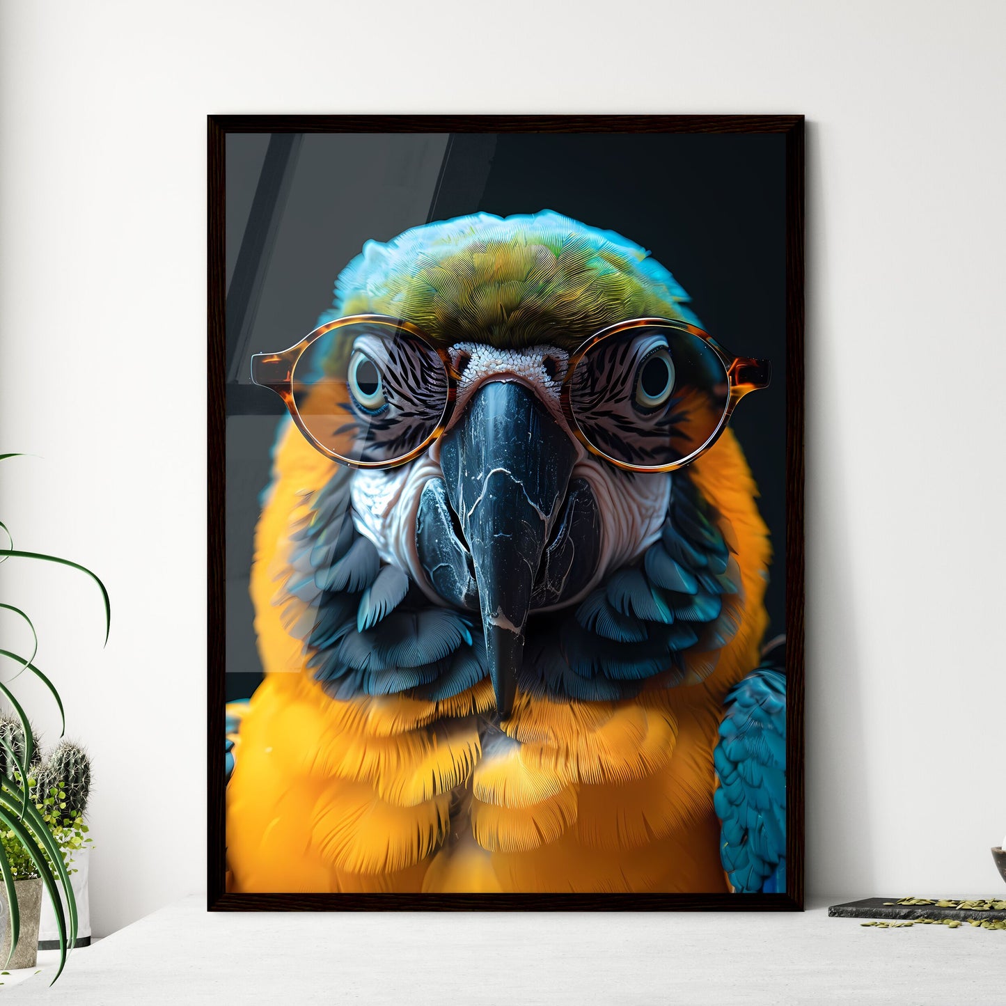 Vibrant oil painting of a colorful parrot wearing stylish sunglasses on a black background, showcasing the artist's unique style and attention to detail Default Title