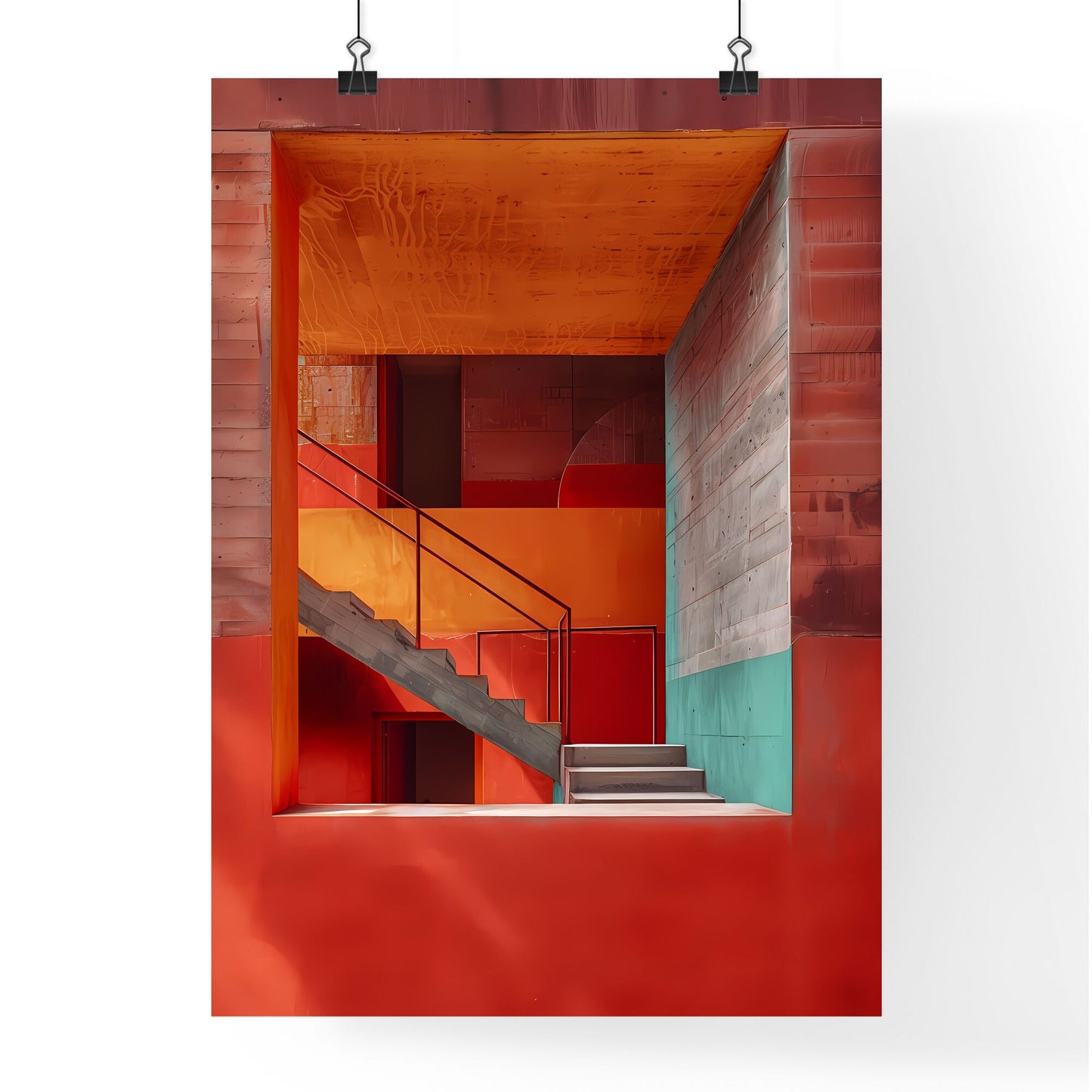 Minimalist Brutalist Architecture Staircase Leading to Vibrant Red Wall with Art Focus Default Title