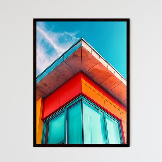 Modern art, brutalism, architecture, vibrant colors, corner building, blue sky, clouds, minimal photography Framed Art