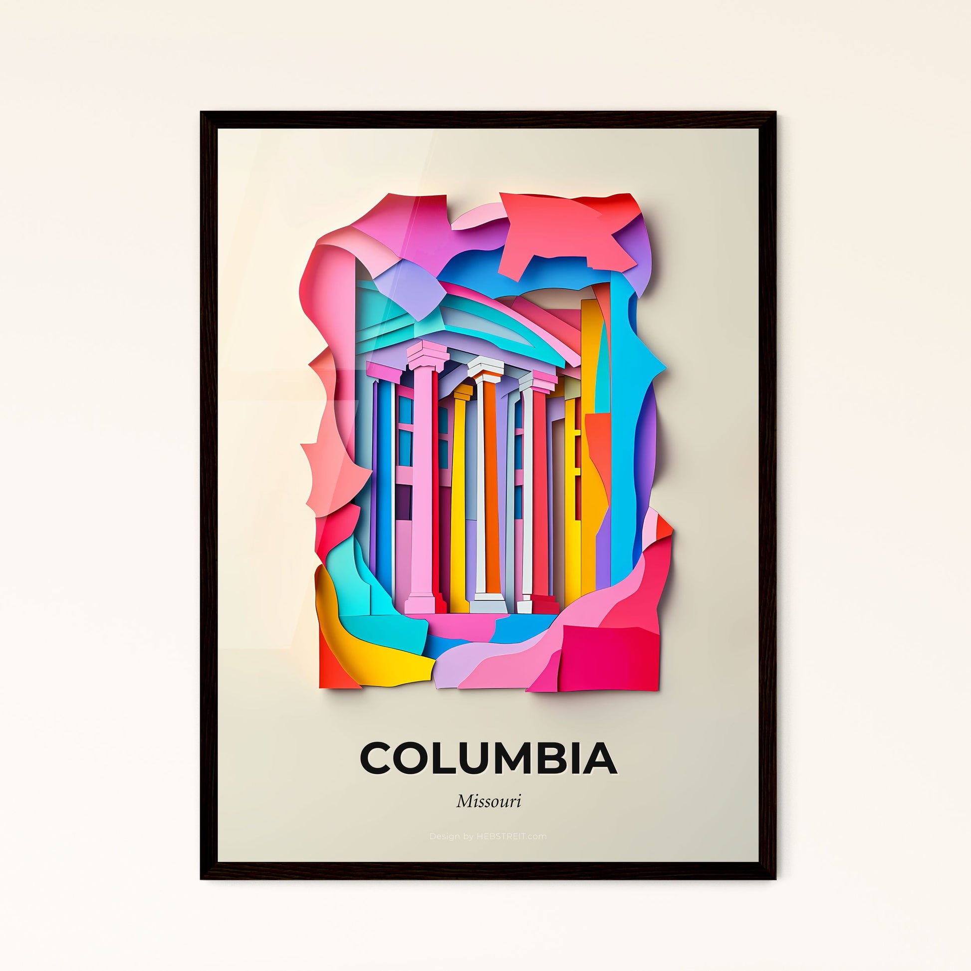 Vivid Columbia, Missouri - a colorful paper cut of a building