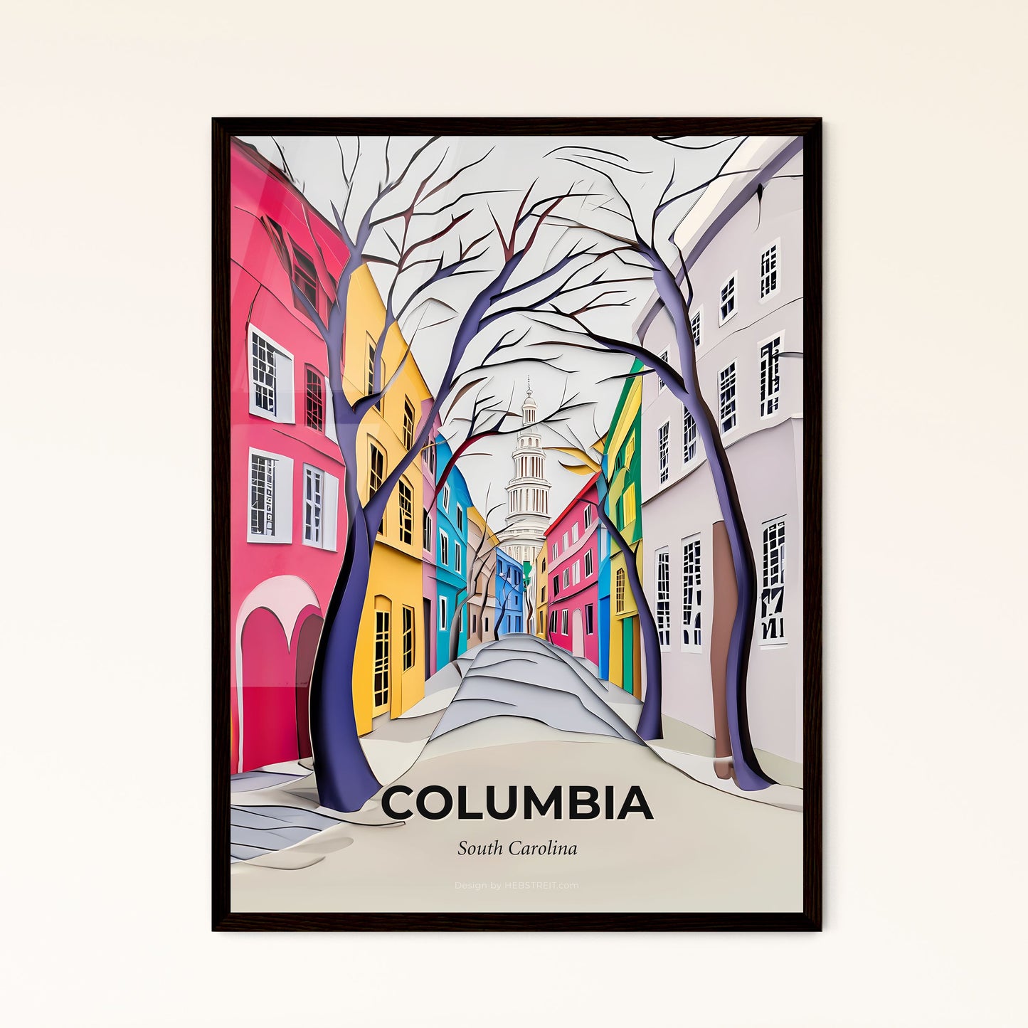 Vivid Columbia, South Carolina - a painting of a street with a clock tower in the background