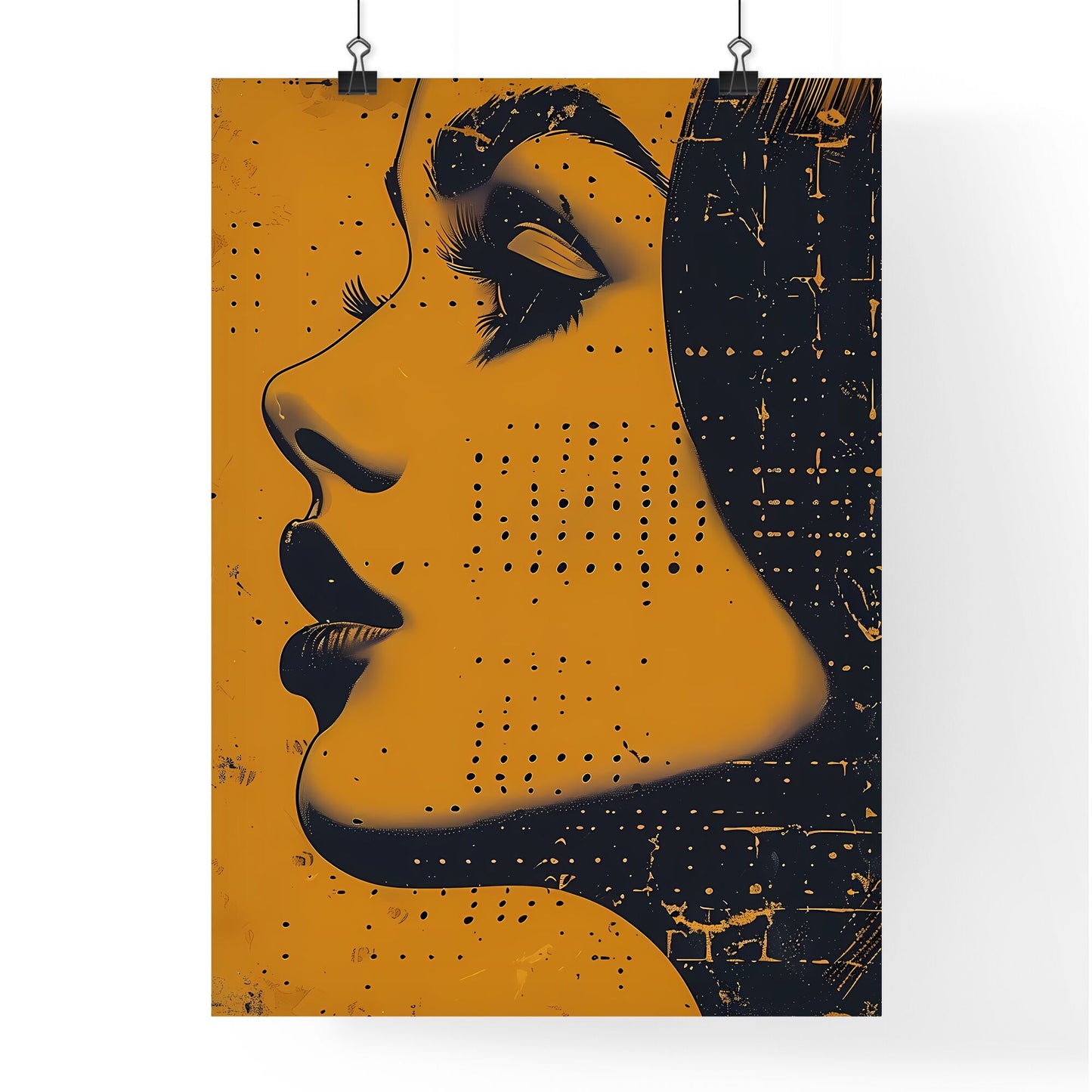 Comic Strip Style Artwork of a Retro 1970s woman with unique facial features, kissing a man, showcasing vibrant halftone texture and grainy yellow and black tones Default Title