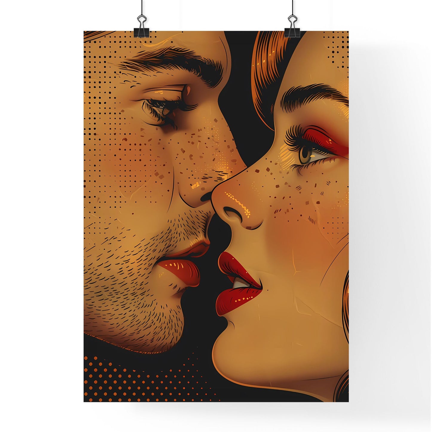 Comic Strip Comic Book Girl Kissing, Tattoo Artwork, Distinct 1970s Style, Vibrant Retro Painting with Textured Halftone Effects, Yellow & Black Default Title