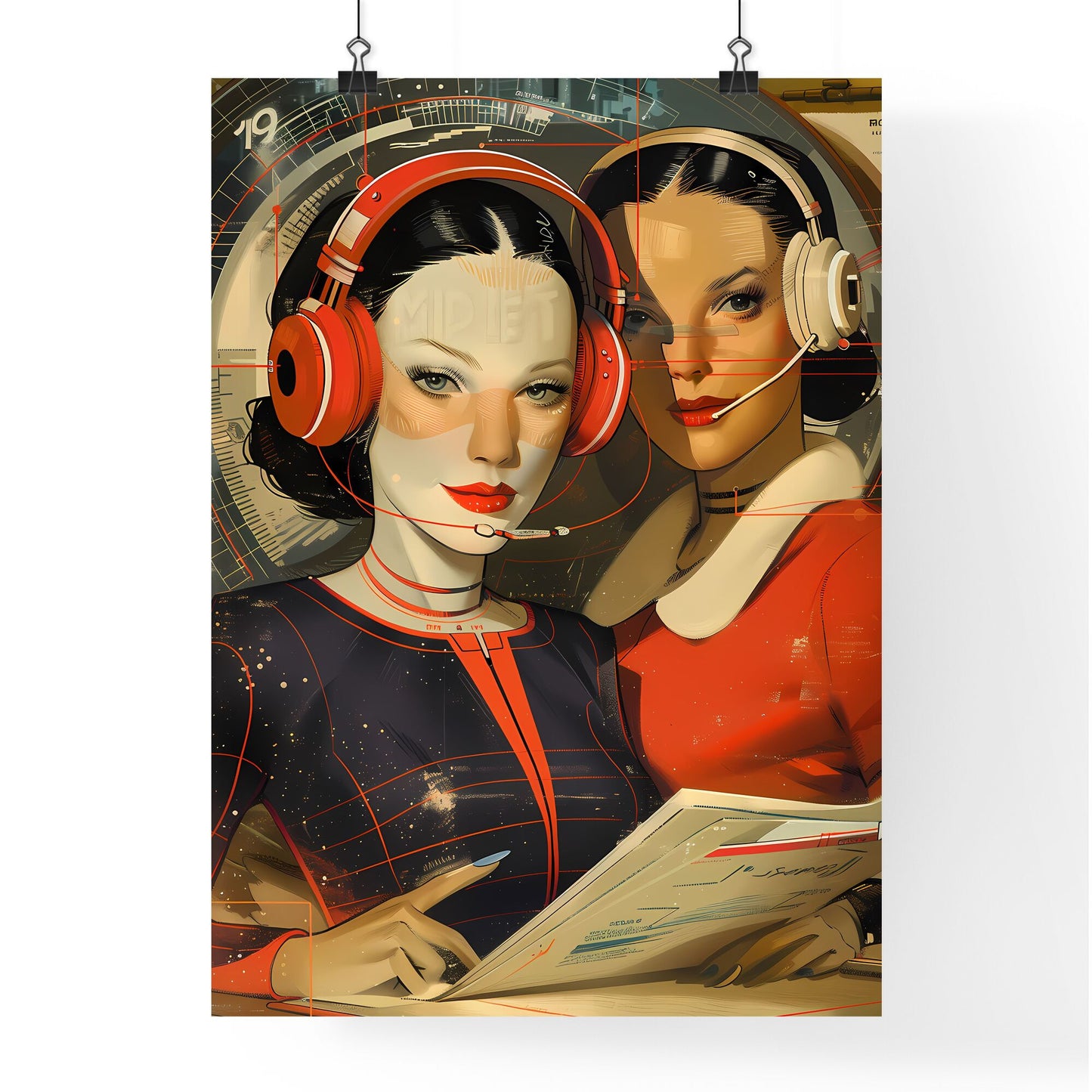 Poster Design | Technology Sector | Post-War Italian Style | Vibrant Painting | Woman with Headphones and Paper Default Title
