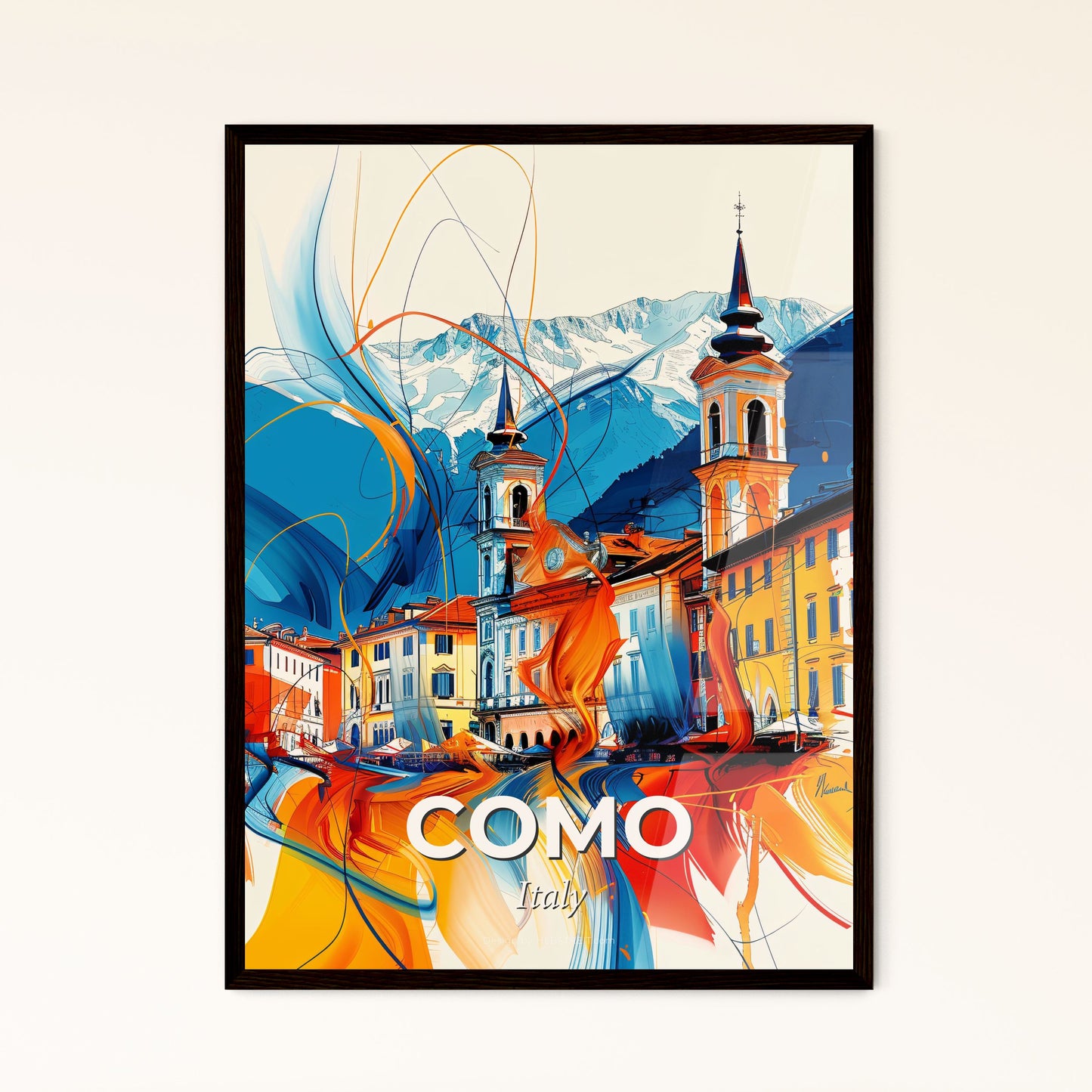 Vibrant Como, Italy - A Colorful Painting Of Buildings And Mountains