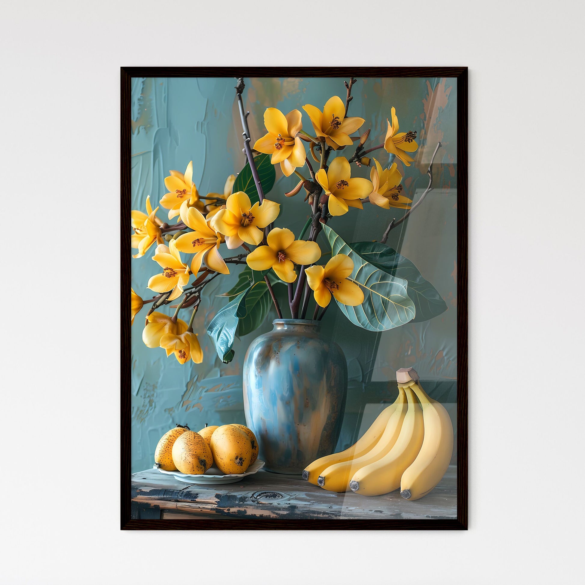 Rustic Still Life: Bananas and Floral Symphony on Patina Wall, a Canvas Masterpiece Default Title
