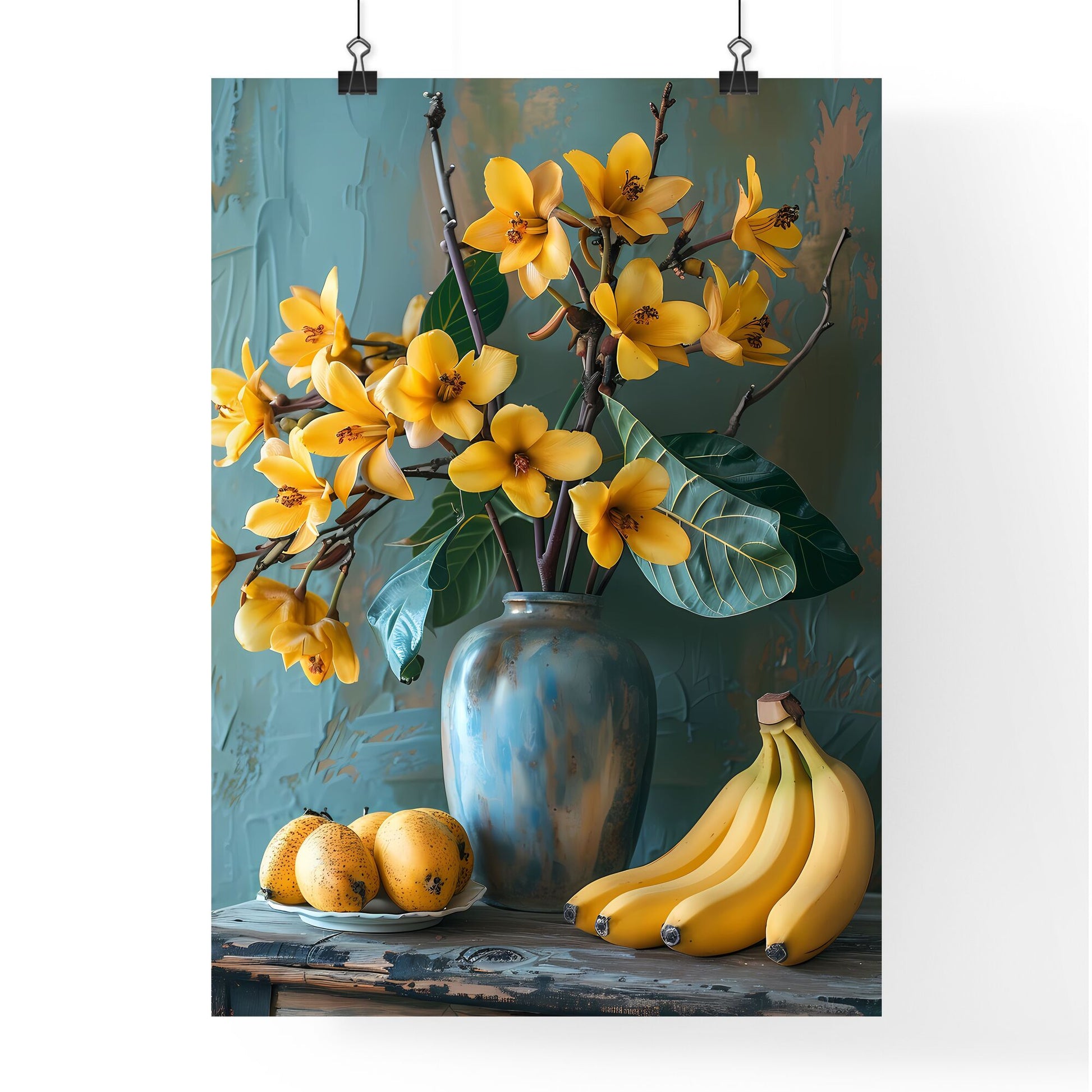 Rustic Still Life: Bananas and Floral Symphony on Patina Wall, a Canvas Masterpiece Default Title