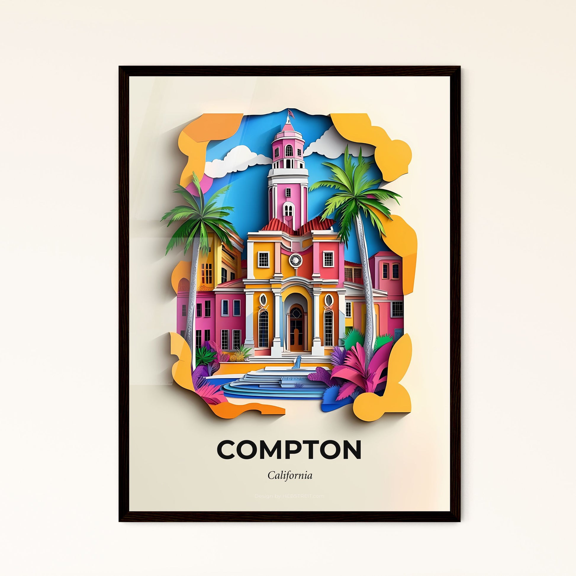 Vivid Compton, California - a colorful building with a fountain and palm trees