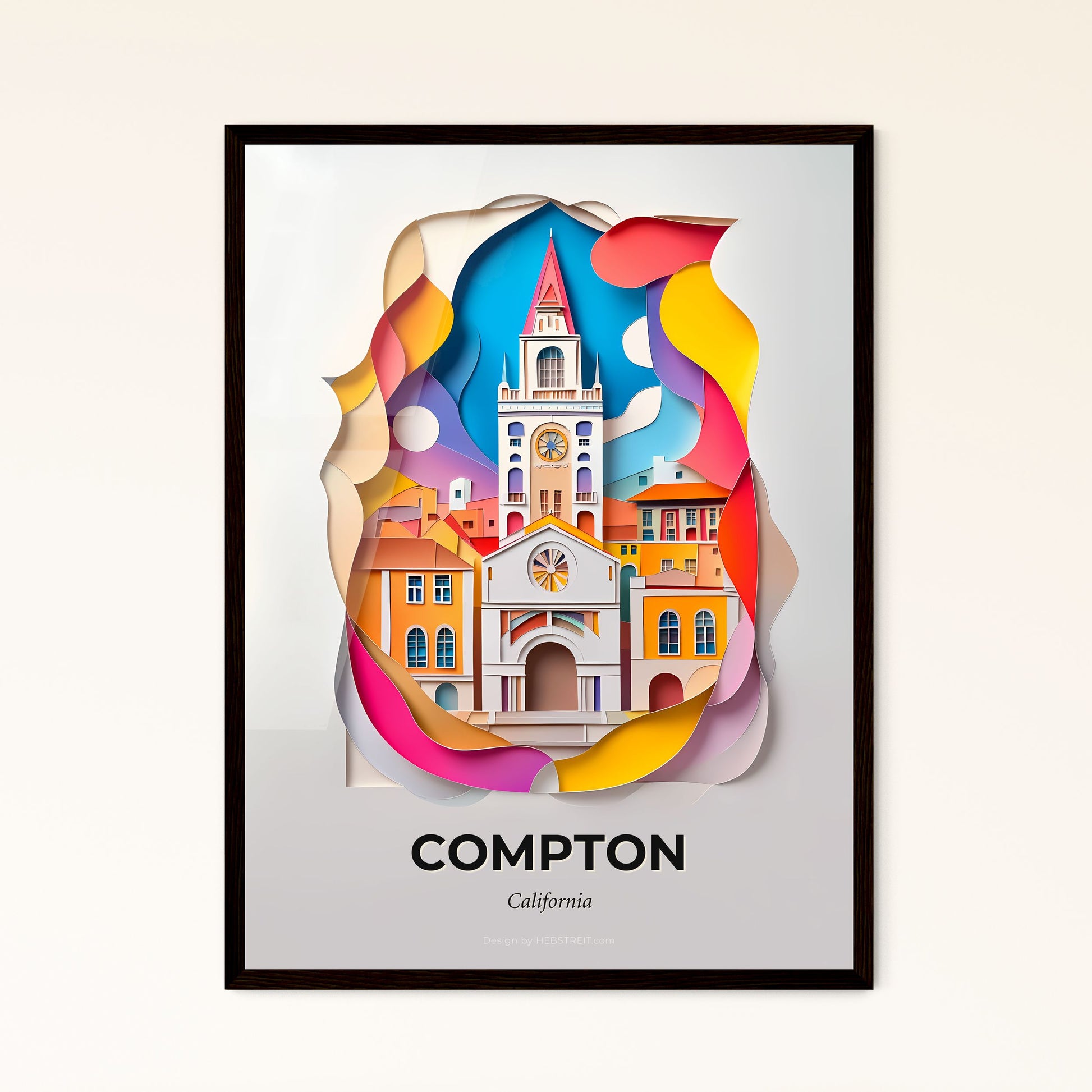 Vivid Compton, California - a paper cut of a church with a clock tower