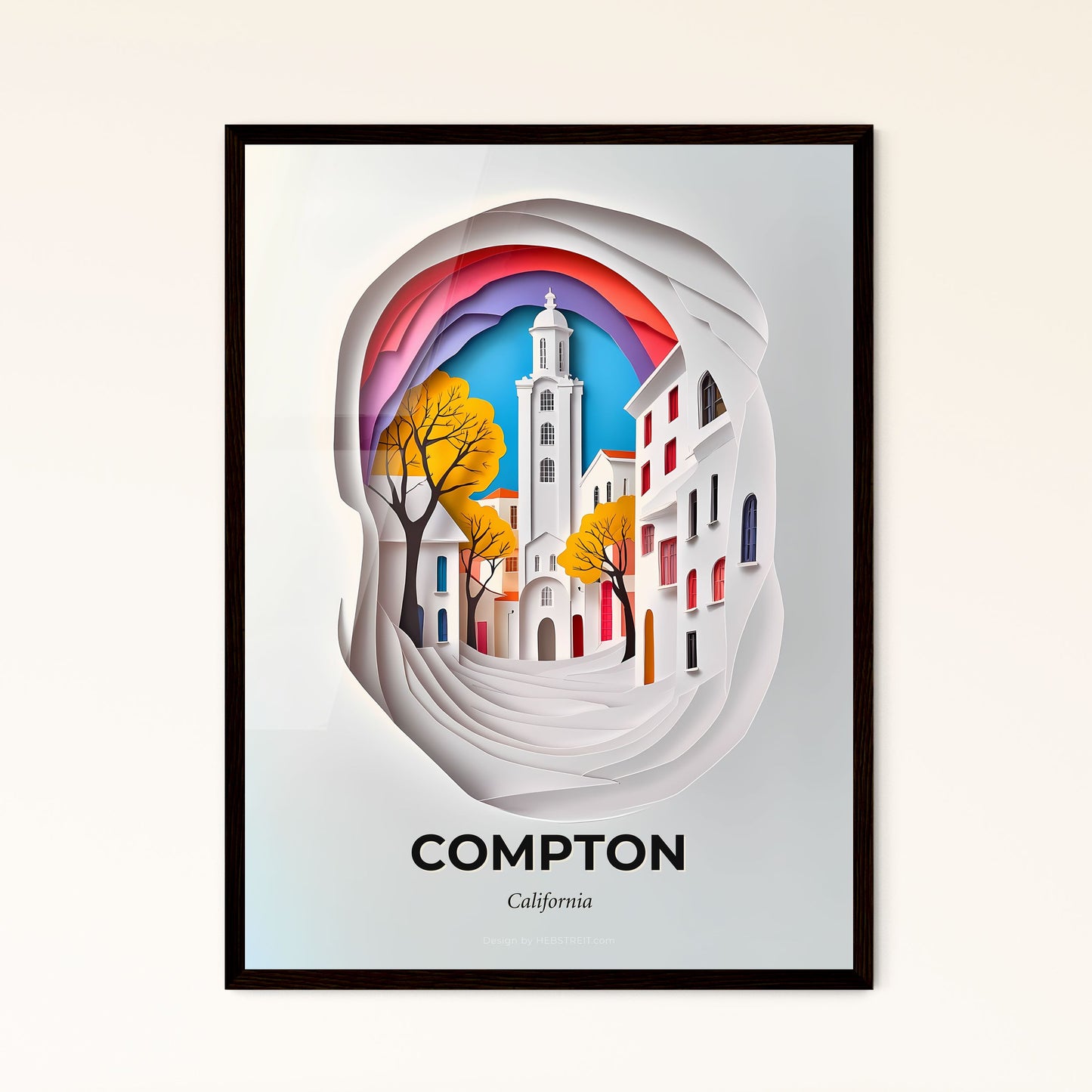 Vivid Compton, California - a paper cut of a city with a clock tower