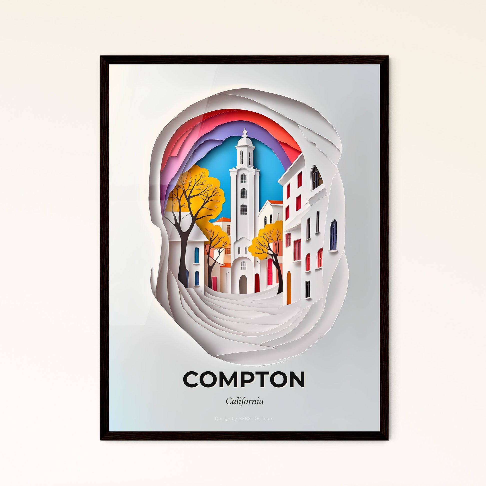 Vivid Compton, California - a paper cut of a city with a clock tower