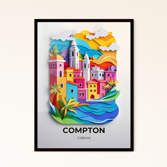 Vivid Compton, California - a colorful city with a clock tower on a wall