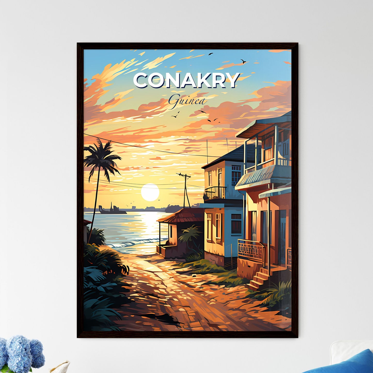 Artistic African Cityscape Painting: Conakry Guinea Skyline with Houses, Palm Trees, and Colorful Sunset Default Title