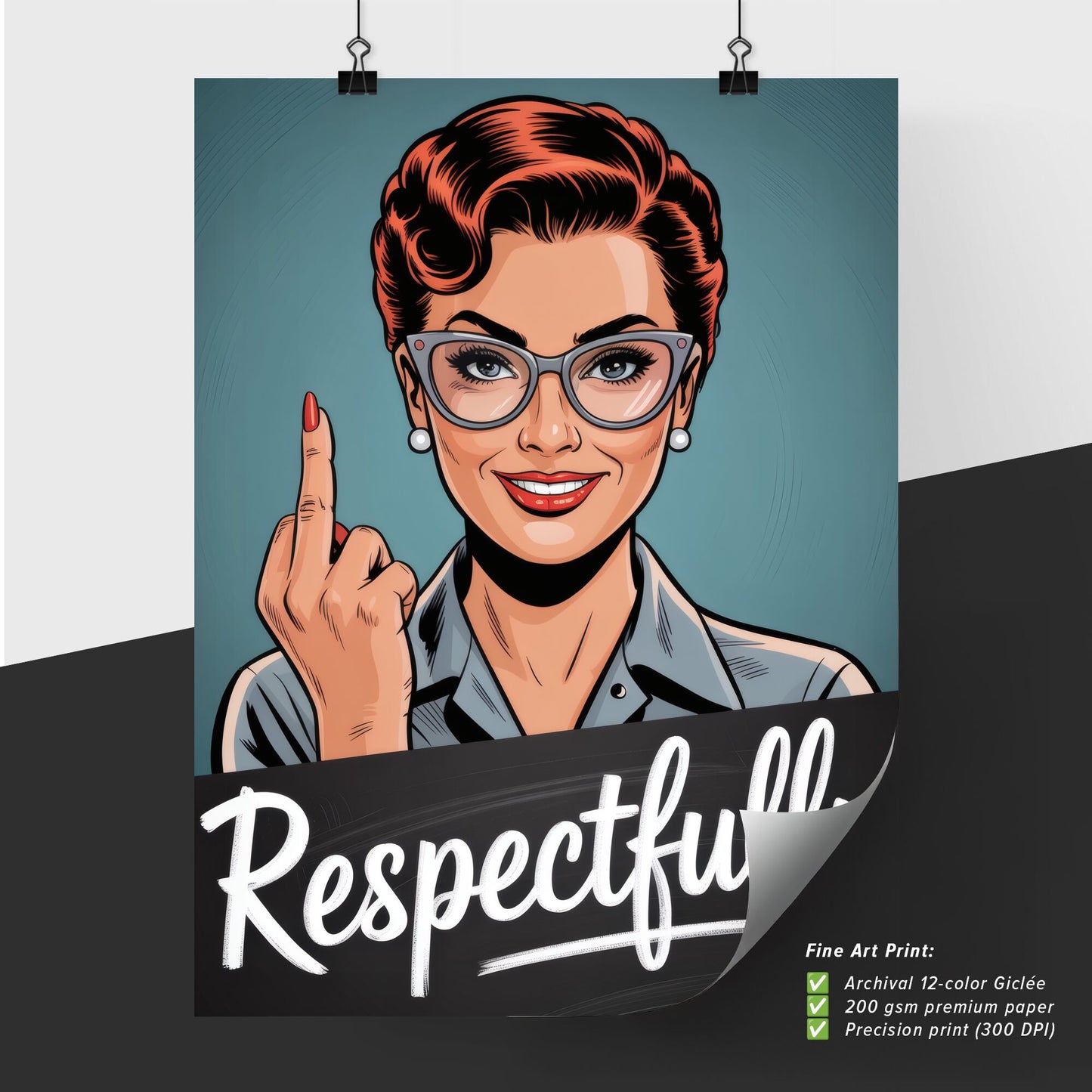 Confident Woman Playfully Expressing Attitude with a Respectful Gesture in a Retro-Inspired Illustration.