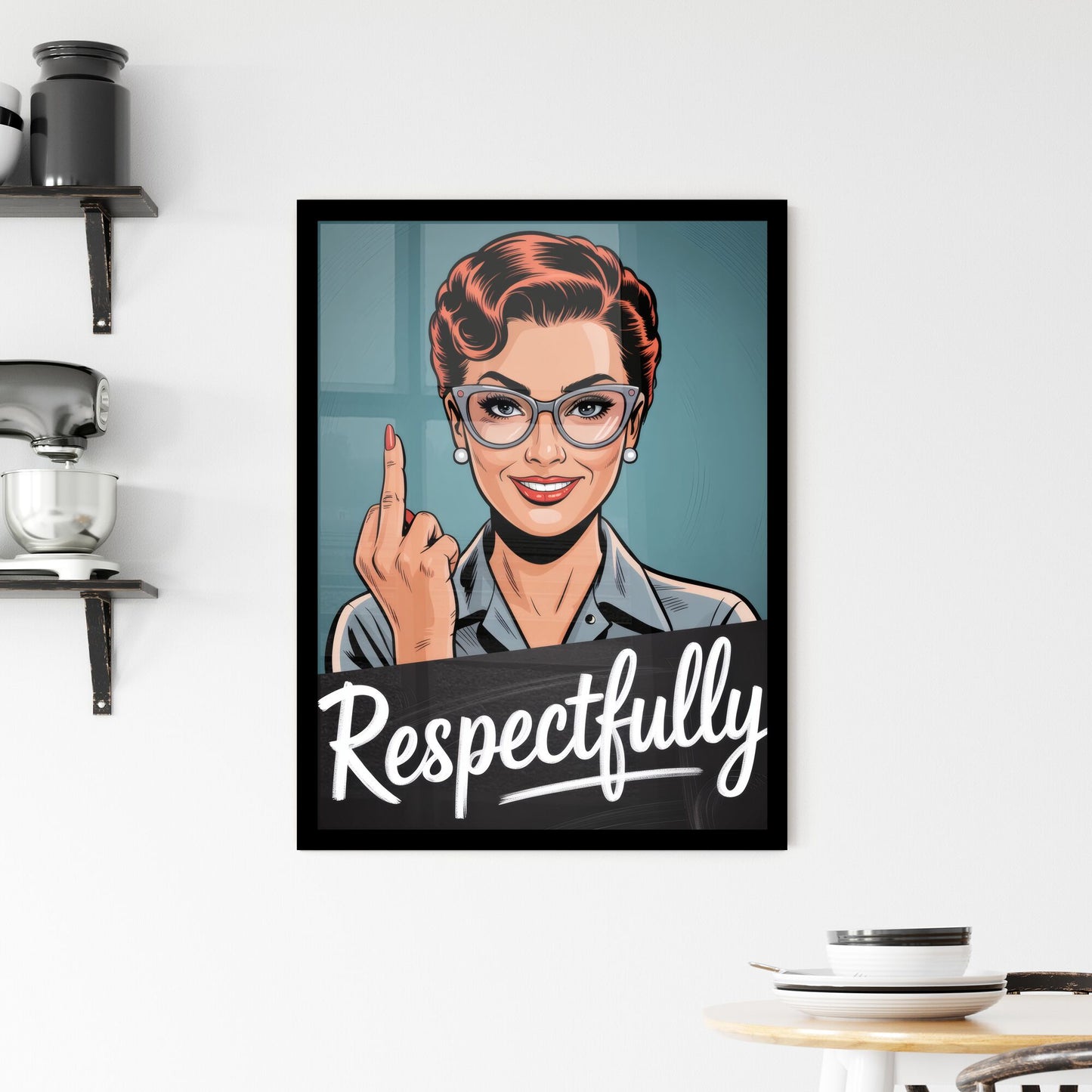 Confident Woman Playfully Expressing Attitude with a Respectful Gesture in a Retro-Inspired Illustration. Framed Print