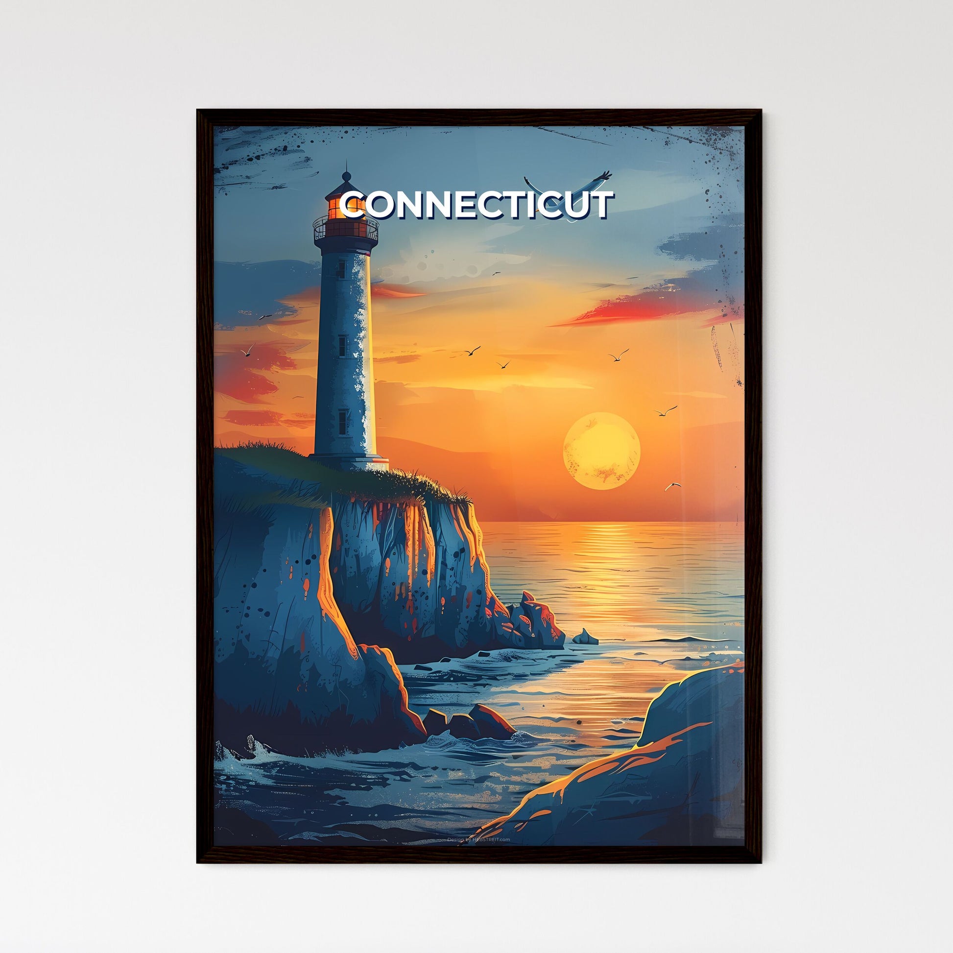 Artistic Sunset Lighthouse Painting: Vibrant Connecticut Landscape