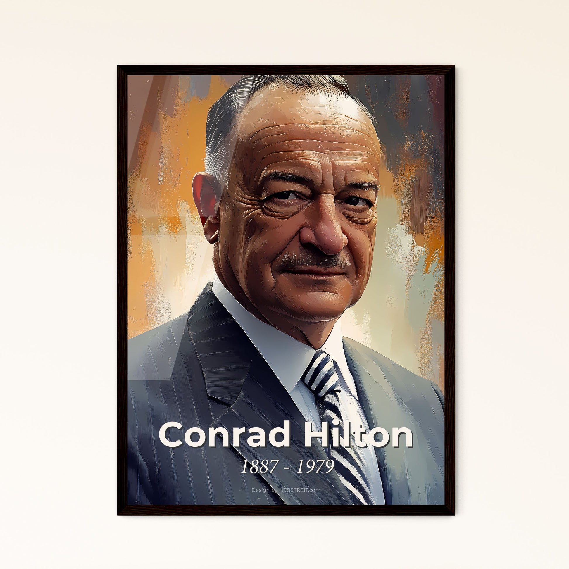 Portrait of Conrad Hilton, 1887 - 1979. Impressionistic painting of a man in a suit.