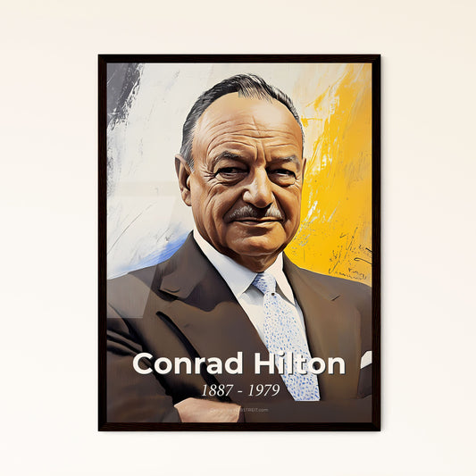 Portrait of Conrad Hilton, 1887 - 1979. Impressionistic painting of a man in a suit with his arms crossed.