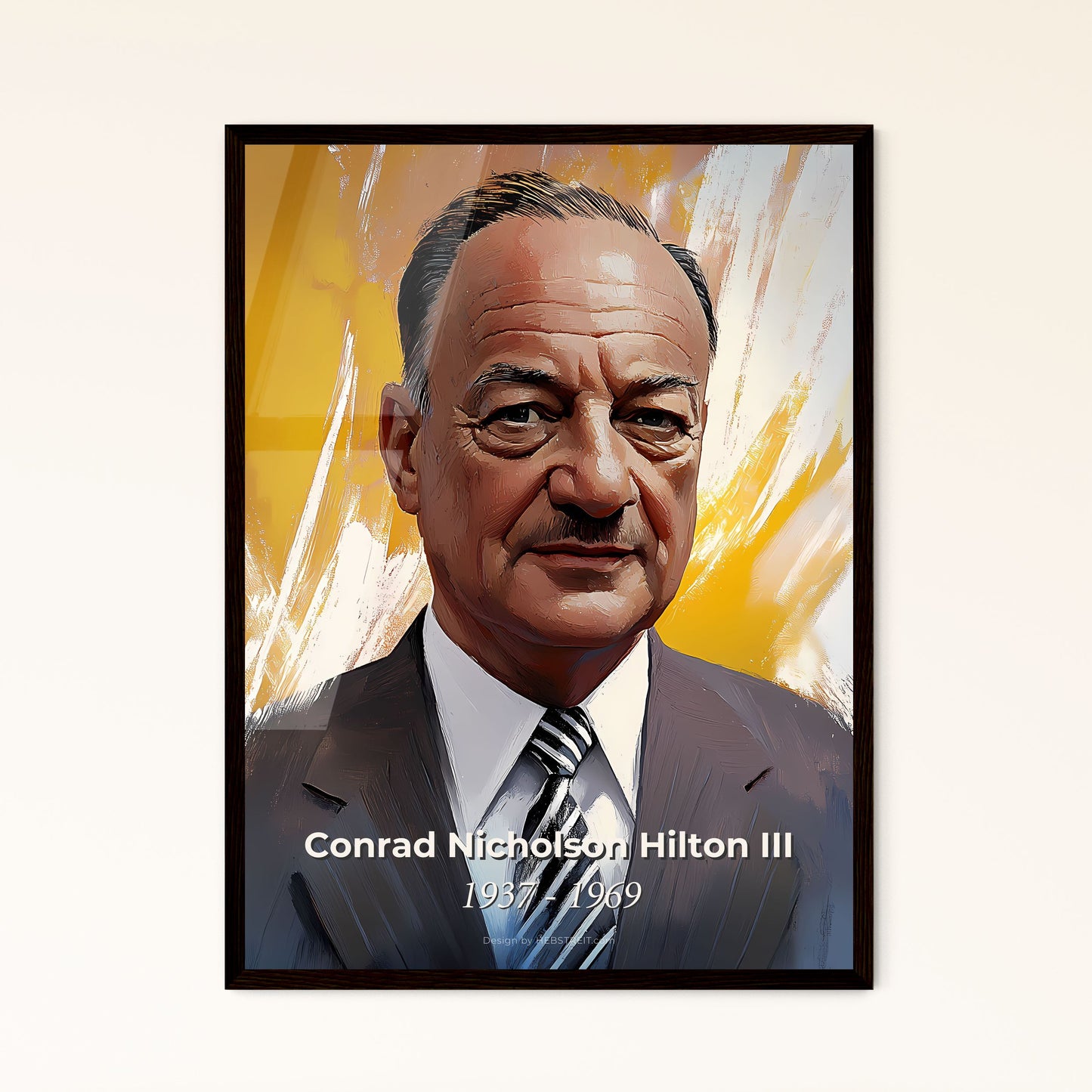 Portrait of Conrad Nicholson Hilton III, 1937 - 1969. Impressionistic painting of a man in a suit and tie.