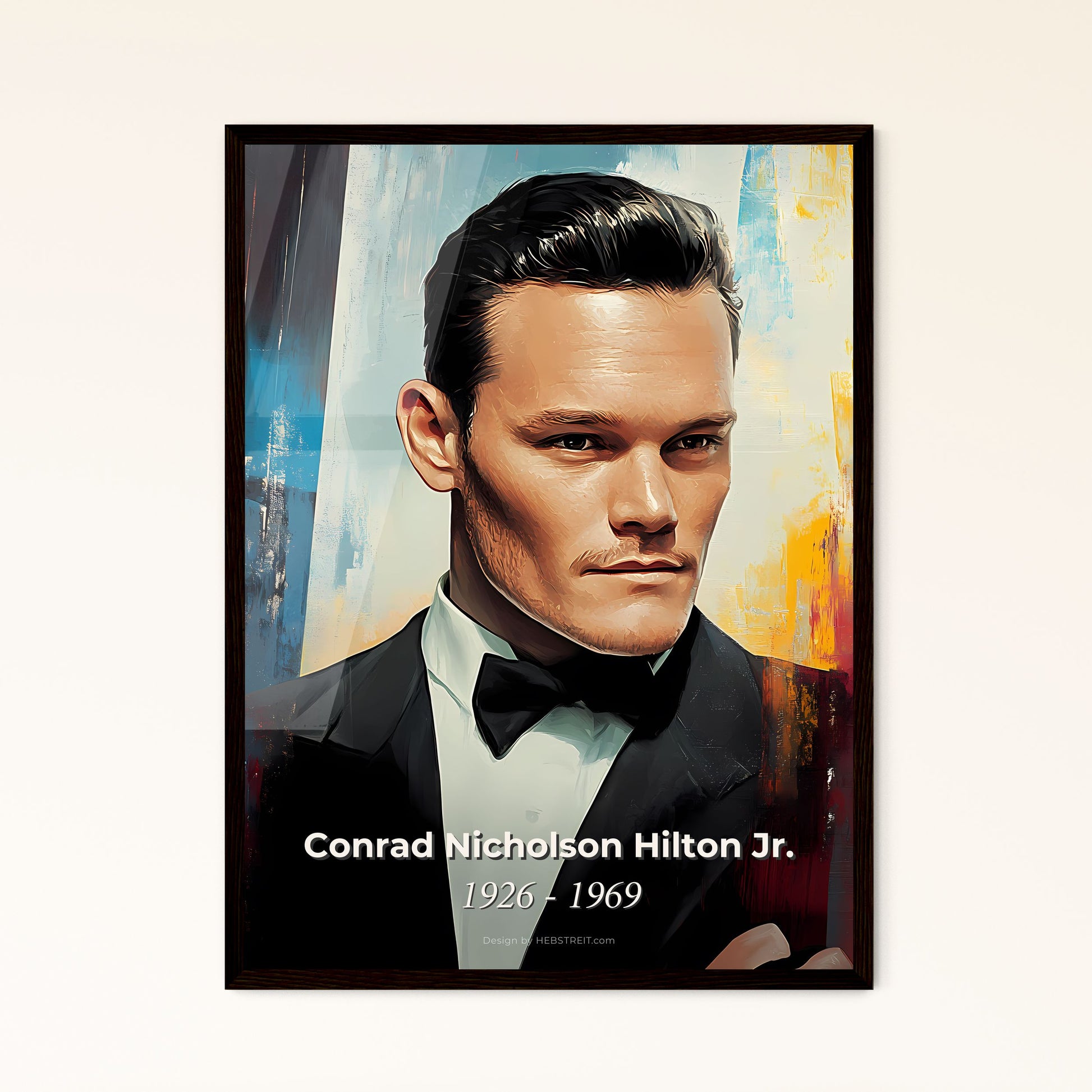 Portrait of Conrad Nicholson Hilton Jr., 1926 - 1969. Impressionistic painting of a man in a tuxedo.